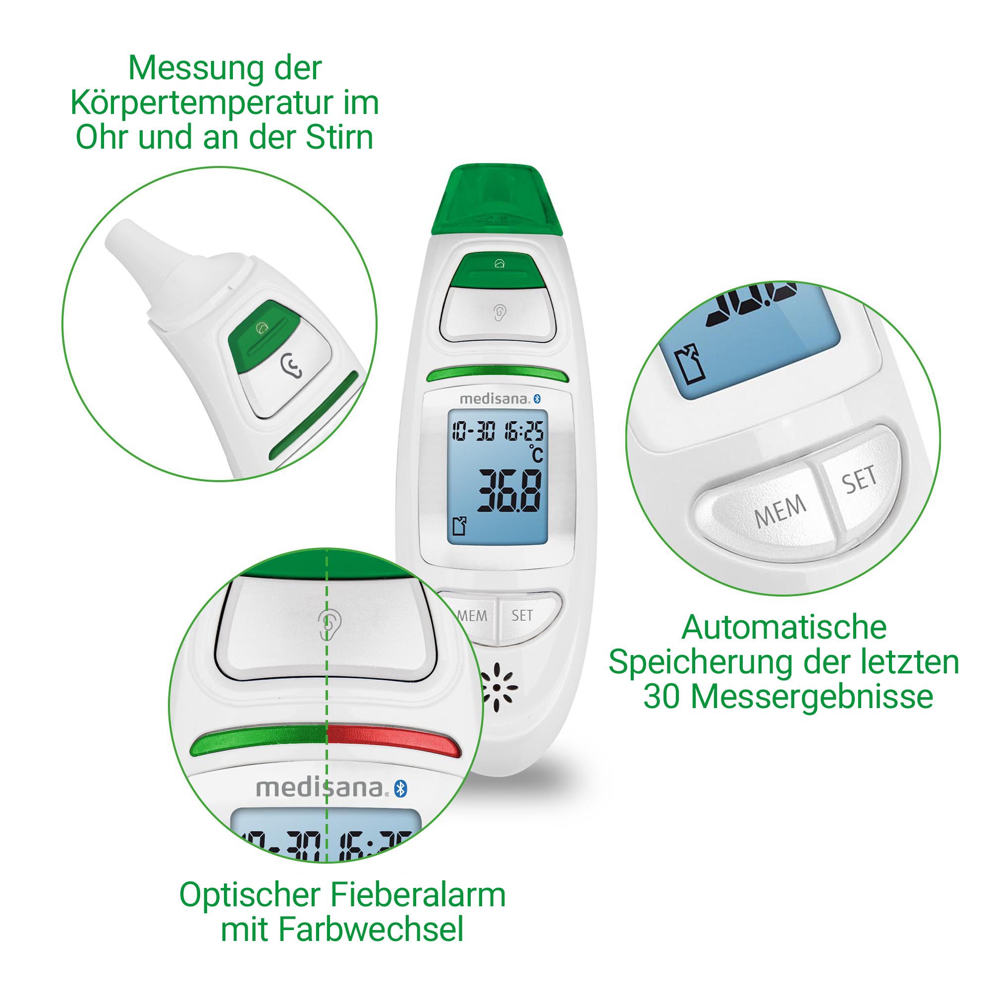 Medisana Fieberthermometer TM 750, sekundenschnelle Messung der Körpertemperatur an der Stirn und im Ohr