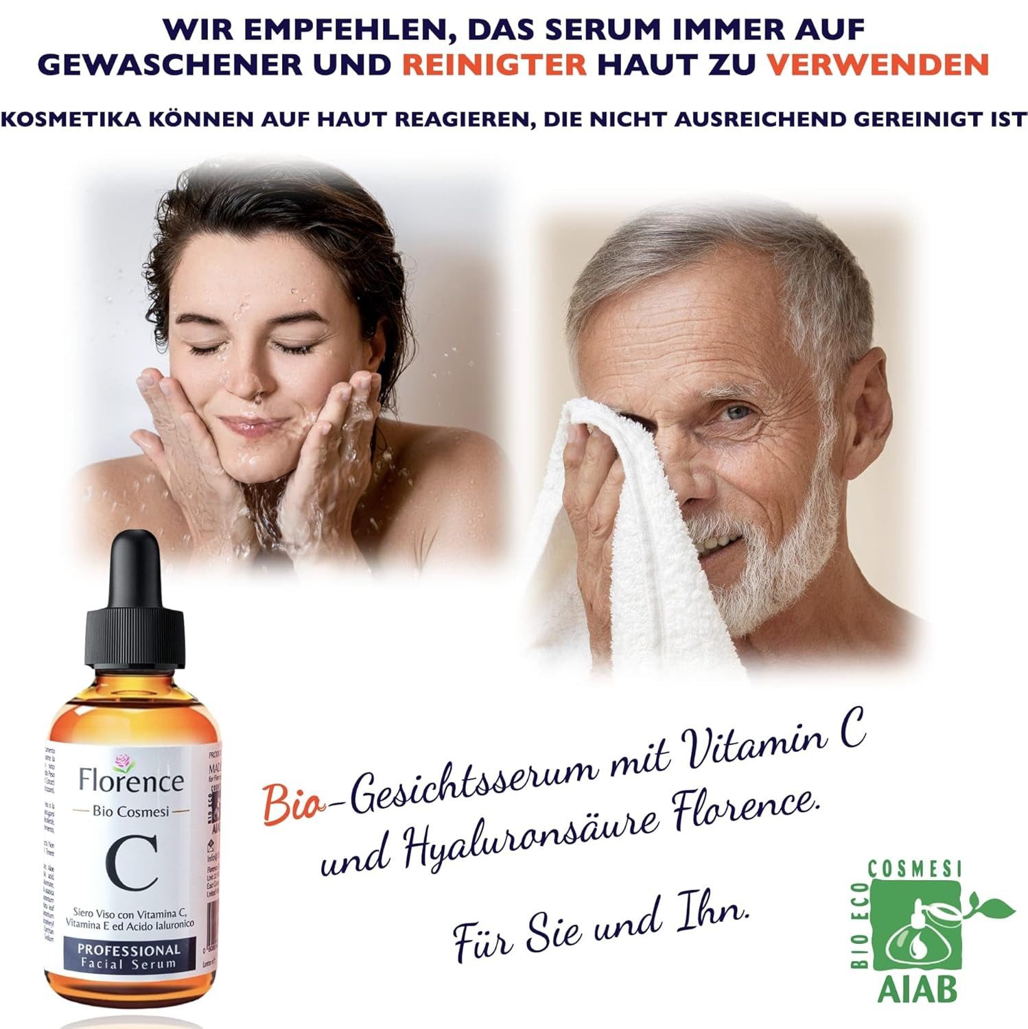 Florence Organics Gesichtsserum Bio Hyaluron Serum 60 ml – Mit Vitamin C, Vitamin E & Hyaluronsäure Ideal als Augenkonturcreme, Dermaroller, vegane Anti-Aging Pflege