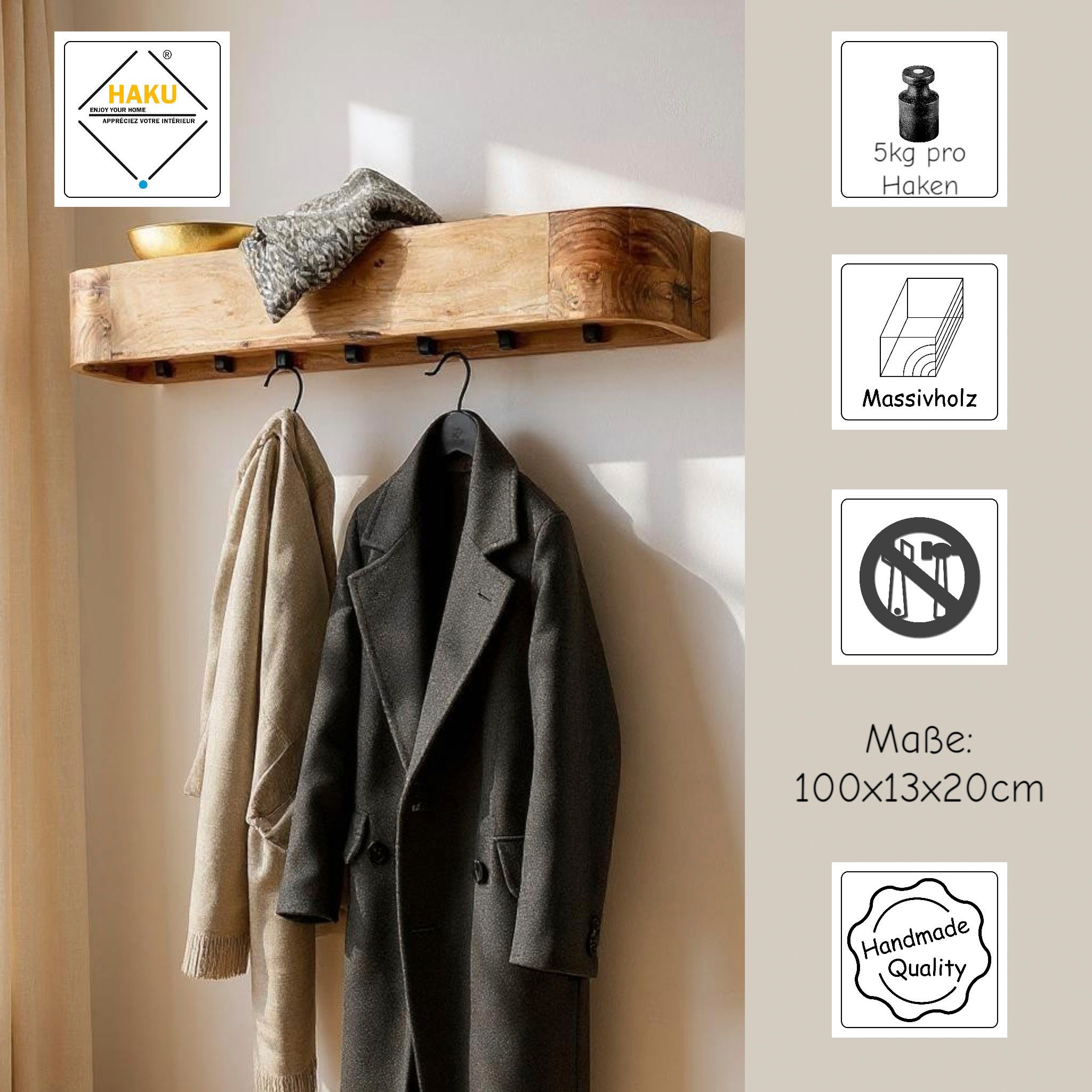 HAKU Wandgarderobe (1 St), rechteckig - aus Massivholz Braun - B/T/H 100/20/13 cm