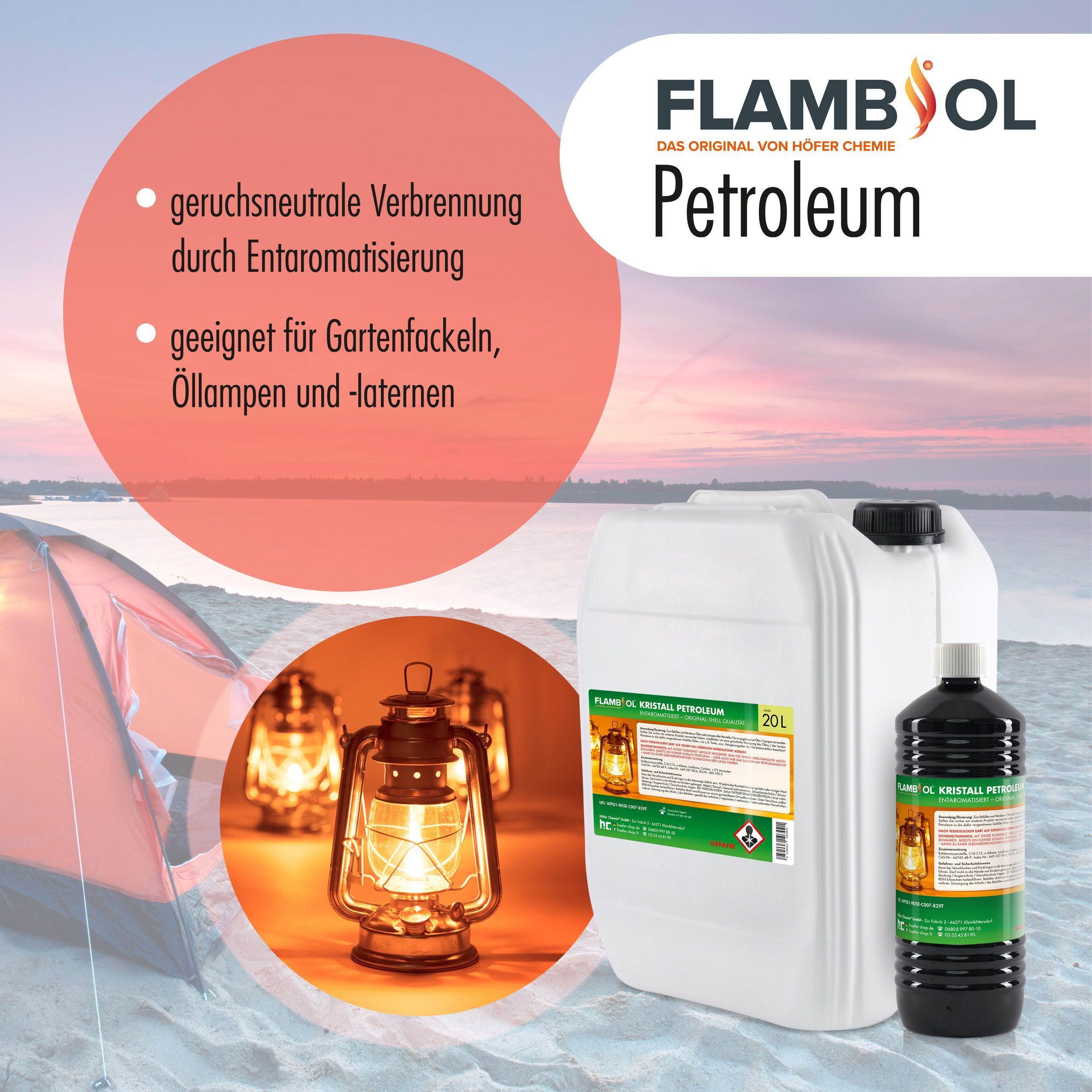 Höfer Chemie GmbH Petroleum 15x 1 L FLAMBIOL® Petroleum Heizöl in Flaschen, 15 l, (15-St), Sauberer Brennstoff für Öfen und Heizungen