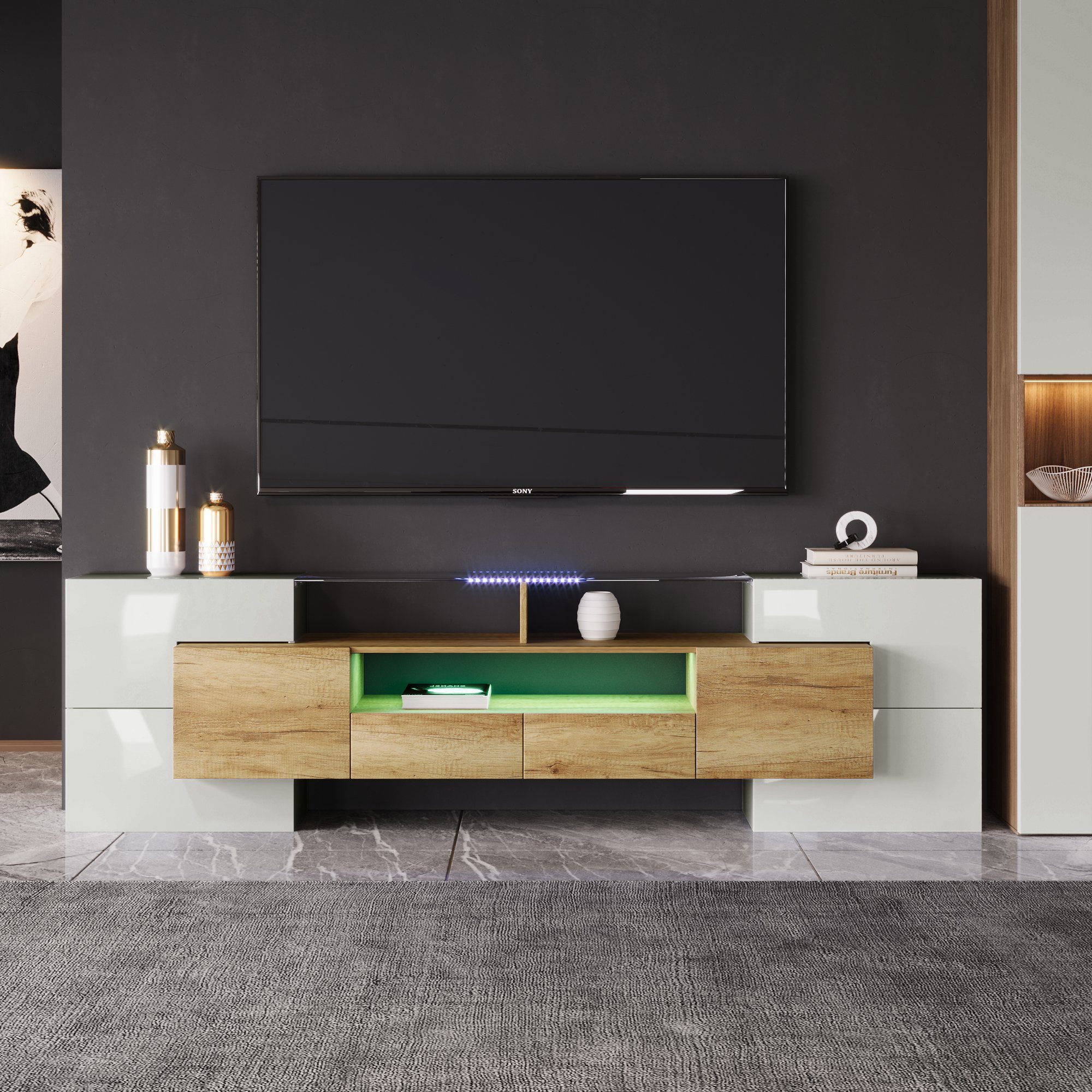 Odikalo TV-Schrank Sideboard Lowboard Hochglänzend 200cm LED Glasoberfläche Natur/Grau