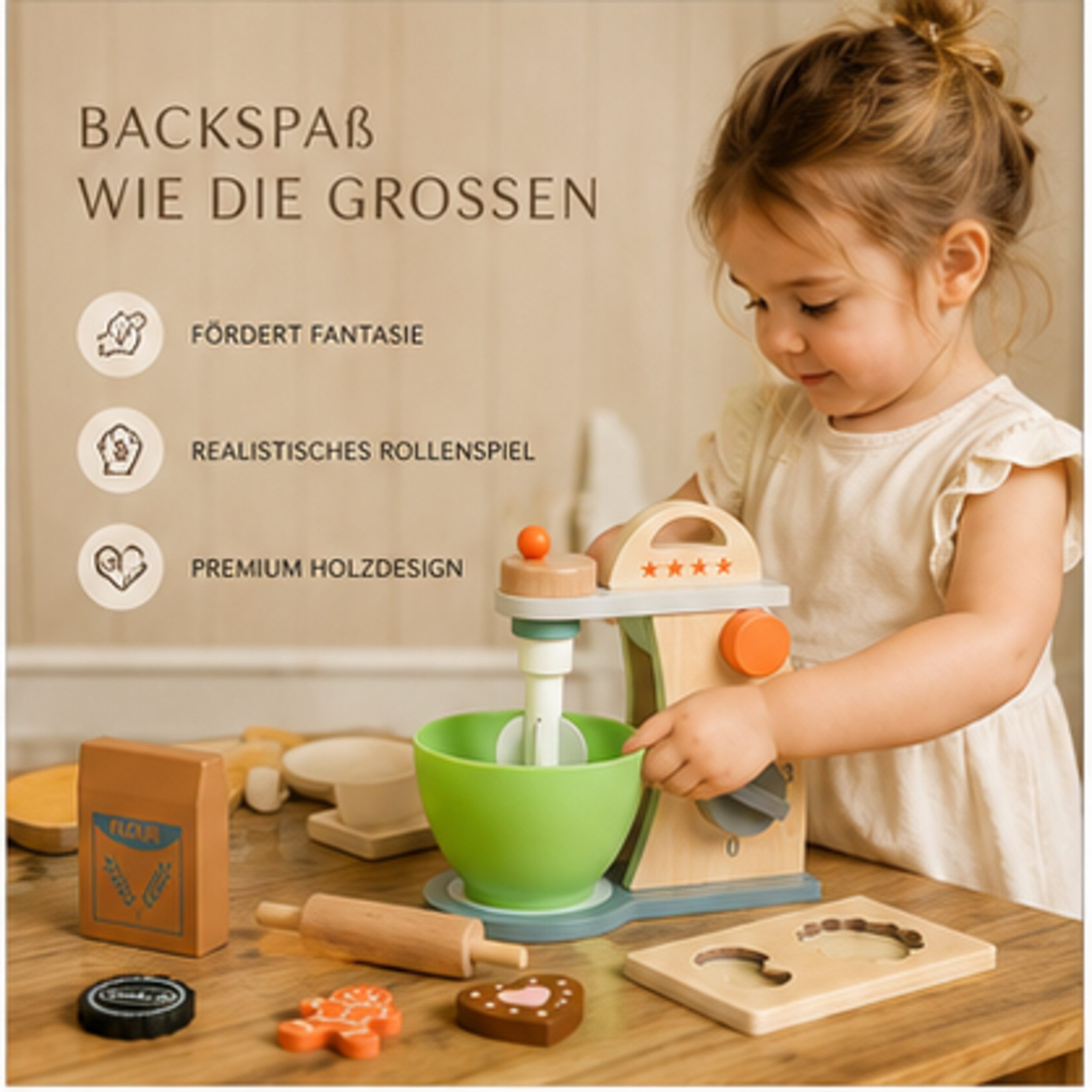 White Fox Studio Spielküche Rührgerät aus Holz, Zubehör für Kinderküchen Holz Spielküche Zubehör Rührmaschine Kitchen Aid