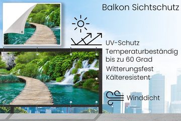 MuchoWow Balkonsichtschutz Brücke - Wasser - Pflanzen - Wasserfall - Grün (1-St) Balkonbanner, Sichtschutz für den Balkon, Robustes und wetterfest