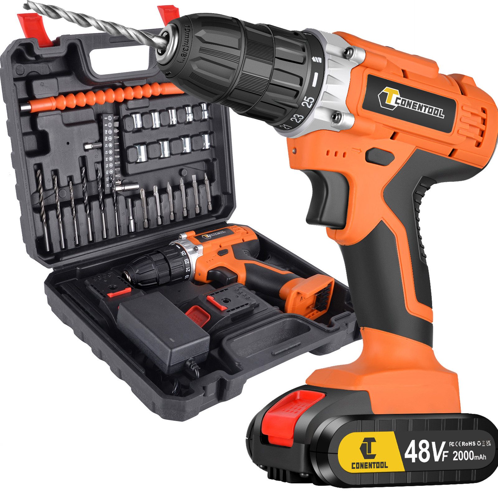 CONENTOOL Akku-Bohrschrauber Akkuschrauber Set, 2 Geschwindigkeiten, max. 1850 U/min, (Set, 36-tlg), mit 2×2000mAh Akkus, Akku Werkzeug: Leicht & Stark