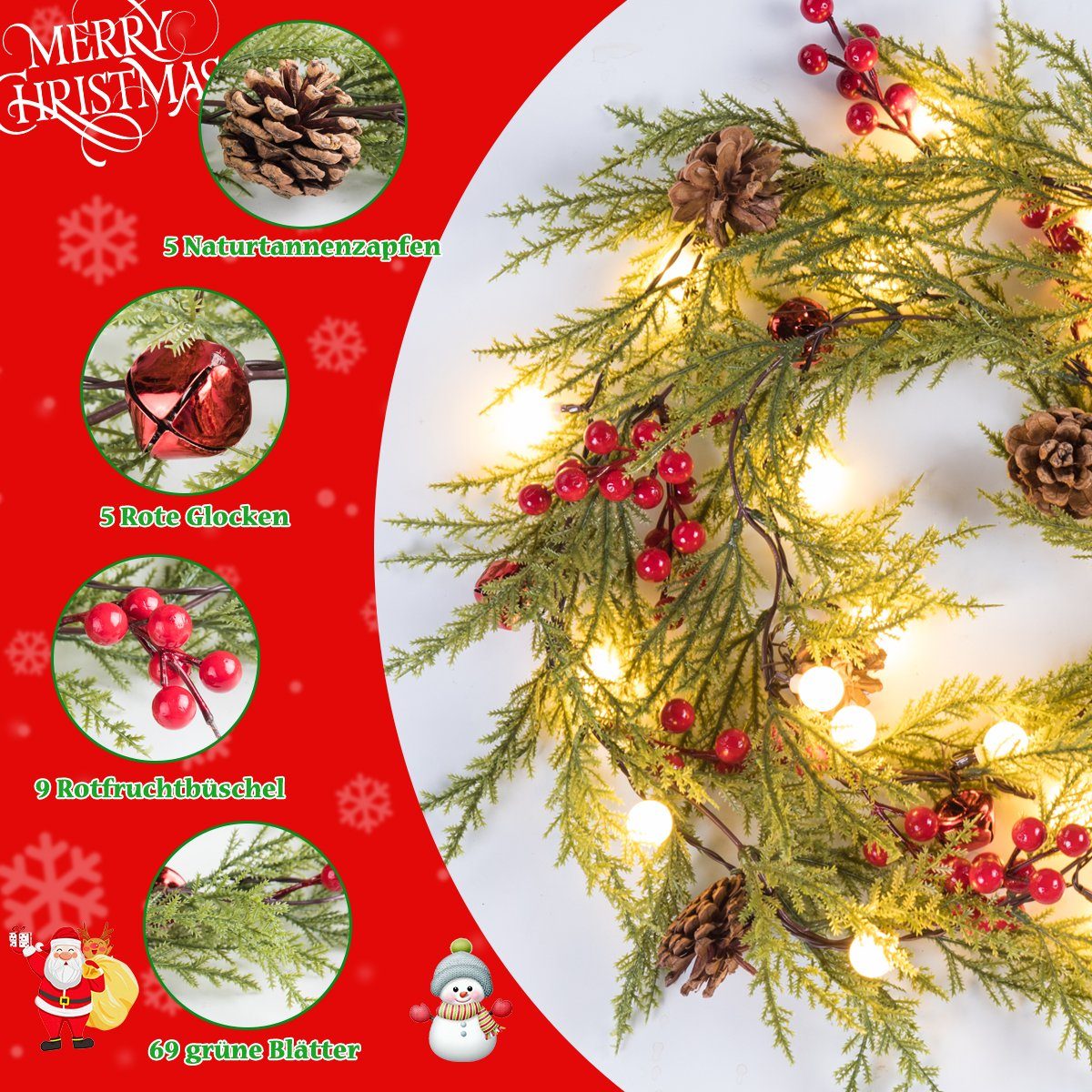 Kunstgirlande Weihnachtsgirlande(1.75M/2.7M 2st) mit Beleuchtung LEDs, Wand günstig online kaufen