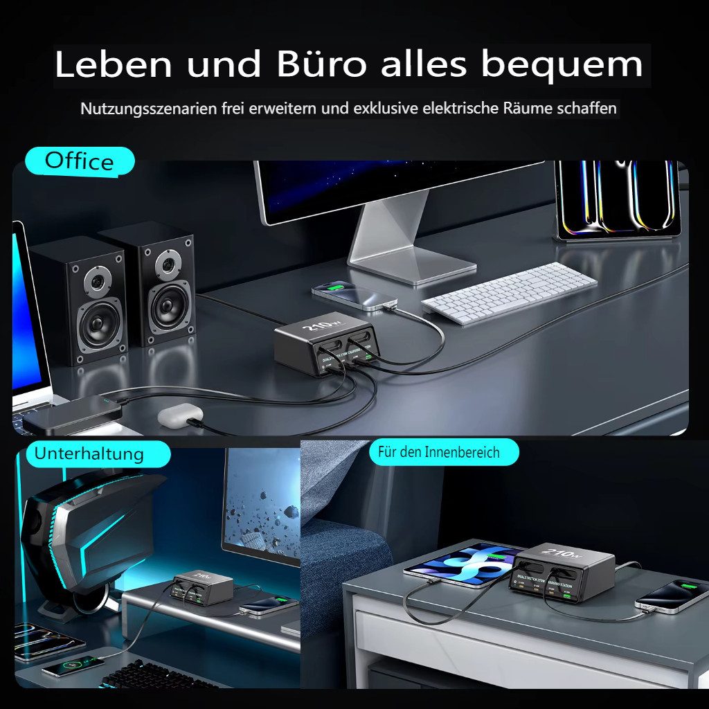 Insma 210W GaN 6-in-1 Desktop Ladestation Schnellladegerät mit 2x USB Kabel, USB-Ladegerät (6 Ports(3x USB-C+3x USB-A) für iPhone17/16/15 für Huawei für VIVO)
