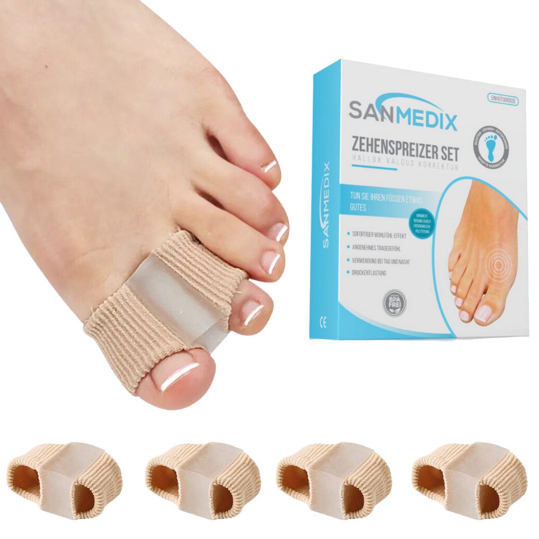 Sanmedix Zehenspreizer Silikon für Hallux Valgus Korrektur, Ballenzehen Zehenkorrektor, Set 4-tlg., Unisex
