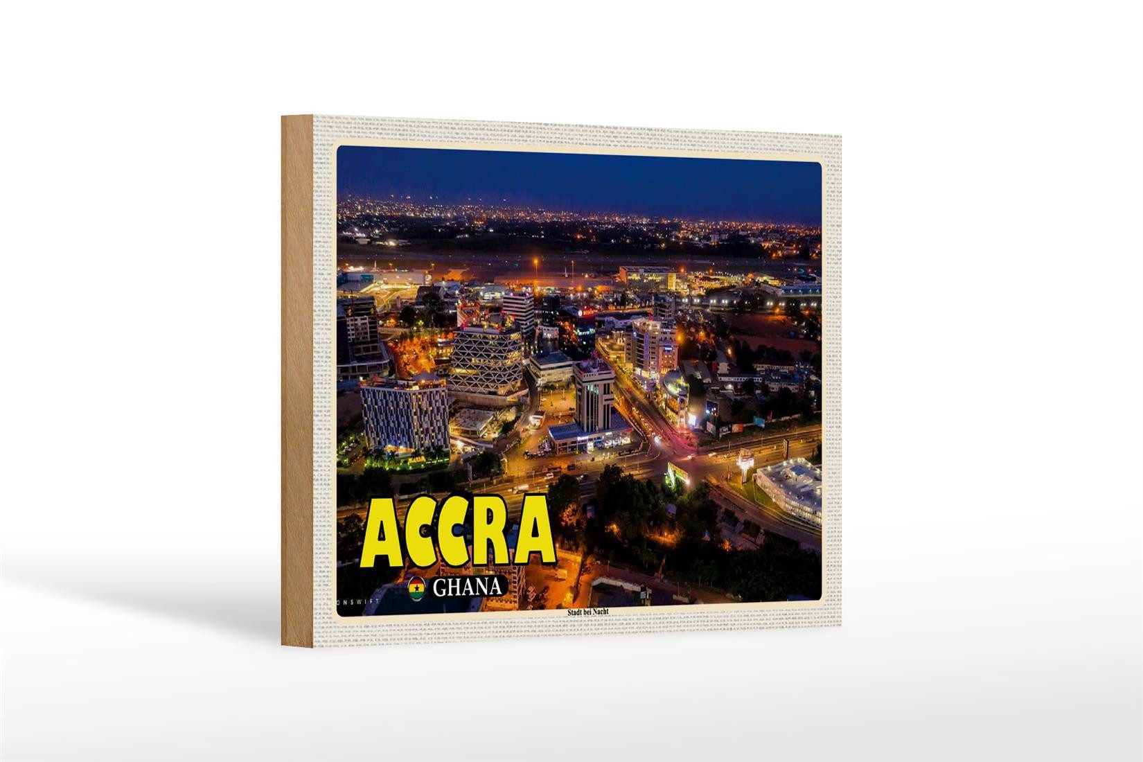 Femer GmbH Holzbild Reise 18x12 cm Accra Ghana Stadt bei Nacht, (1 St), Glatte Holzfaserplatte (MDF), vorn beschichtet