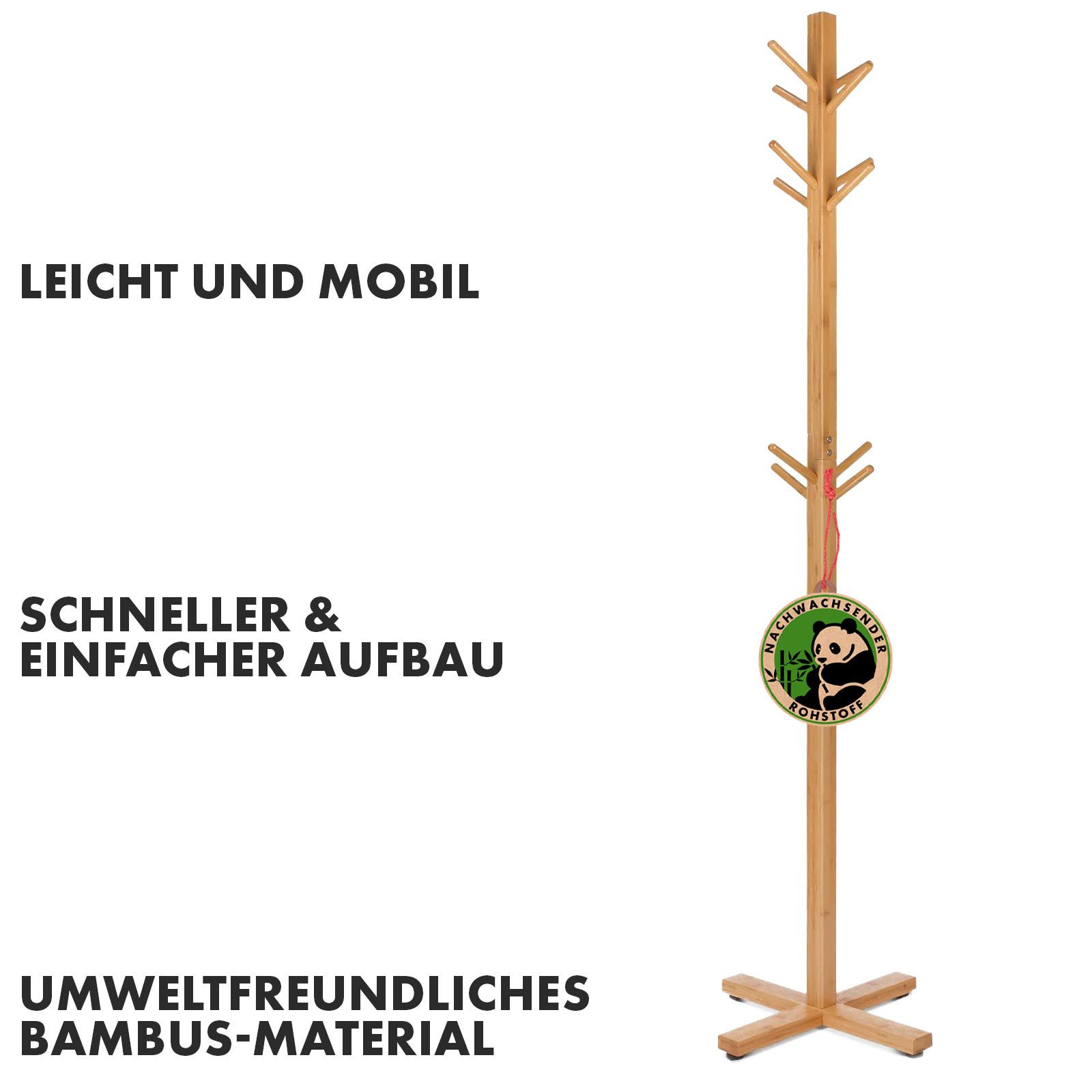 Floordirekt Garderobenständer aus Bambus Oregon, Platzsparende Design, 12 Haken – Ausreichend Platz für Jacken, Taschen und Hüte
