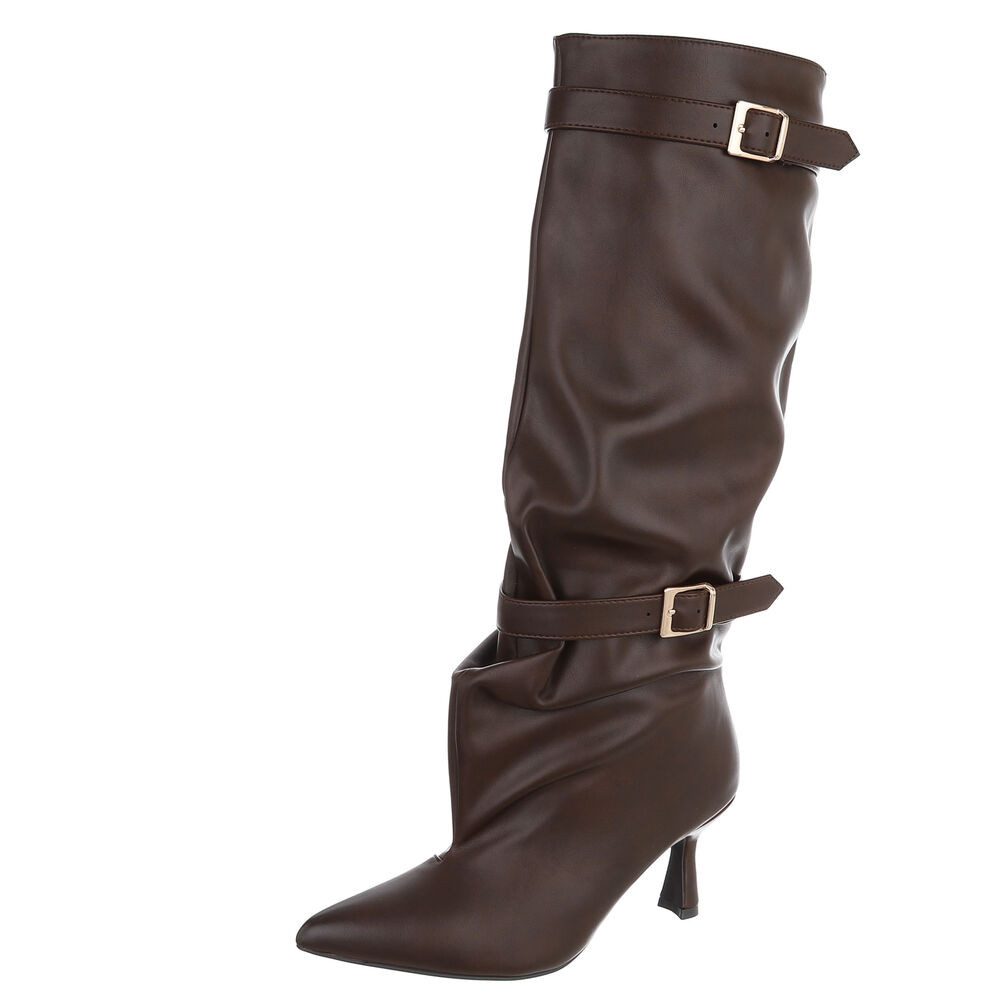 Ital-Design Damen Kniehohe Stiefel mit Schnallen und Absatz High-Heel-Stiefel (92125360) Pfennig-/Stilettoabsatz Stiefel in Braun