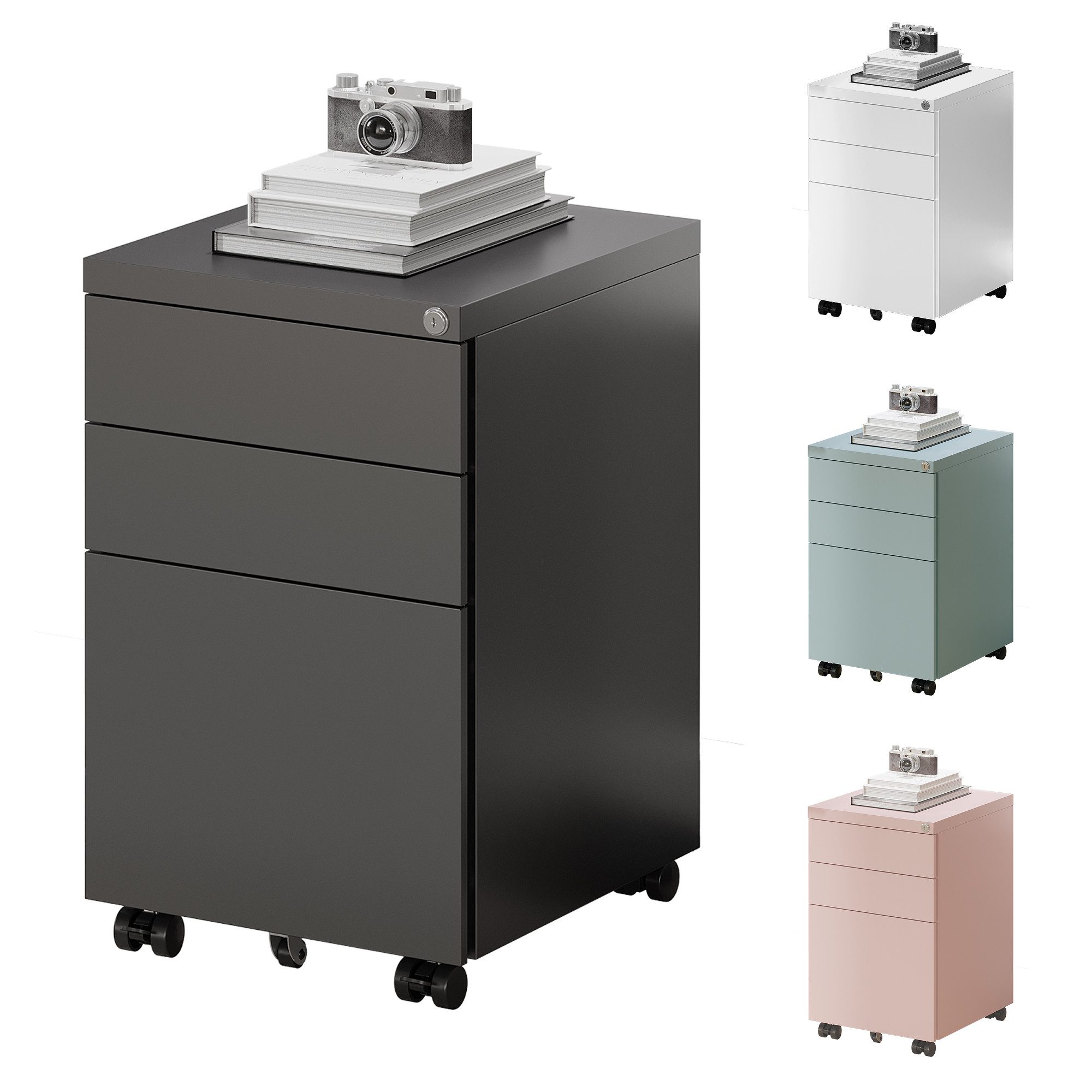 FLEXISPOT Rollcontainer Aufbewahrungsschrank, Büroschrank MIT Schloss, vormontiert, (inkl. 3 Schubladen, grundsolide Verarbeitung, Bürocontainer mit Schubladen für A4), optimal für Schreibtisch, Büromöbel, Aktenschränke, Büro-Rollcontainer