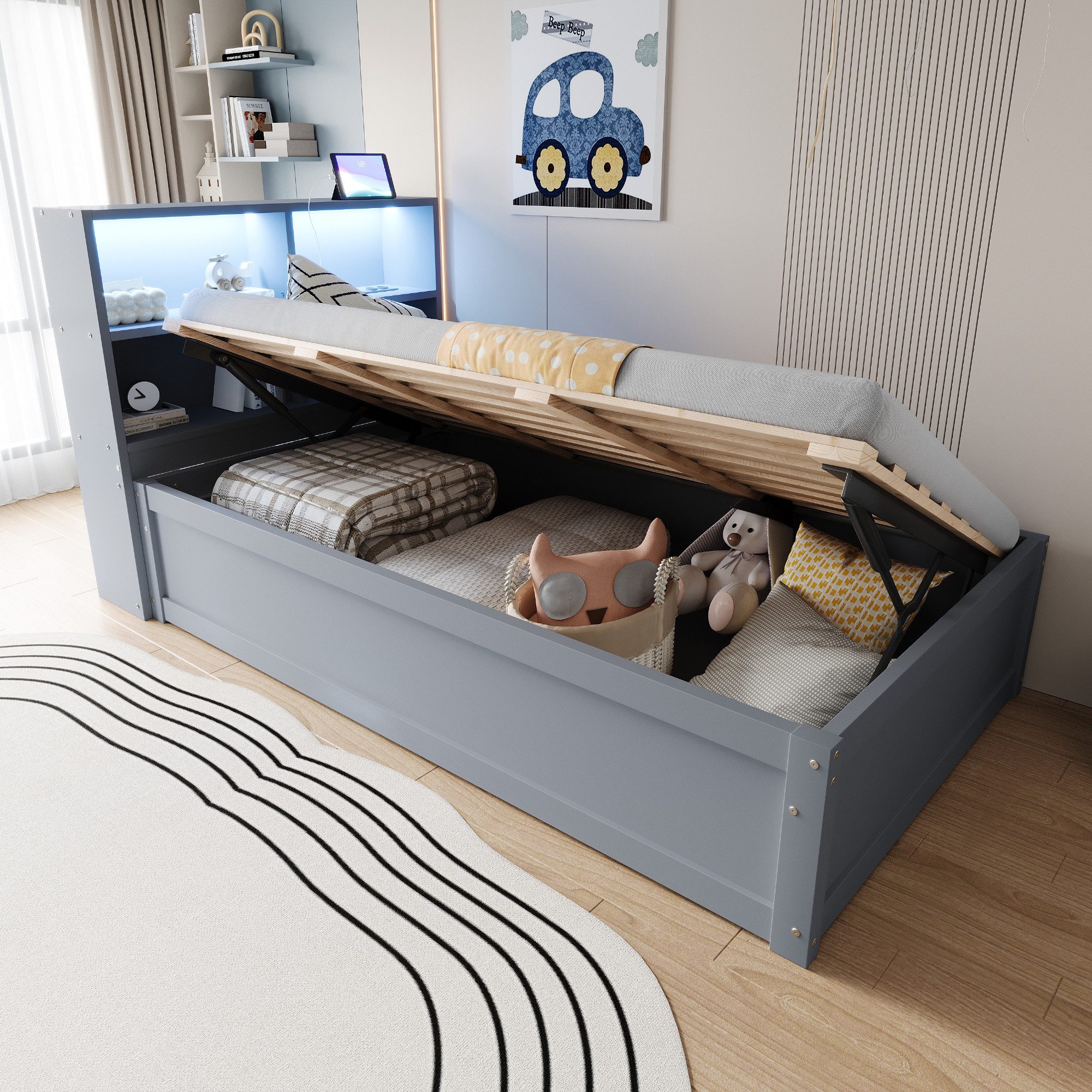 Merax Daybett 90x200cm mit LED-Lichtleiste und USB-Steckdose (1 tlg), Schlafsofa Kinderbett mit hydraulischem Stauraum und Ablagefächern