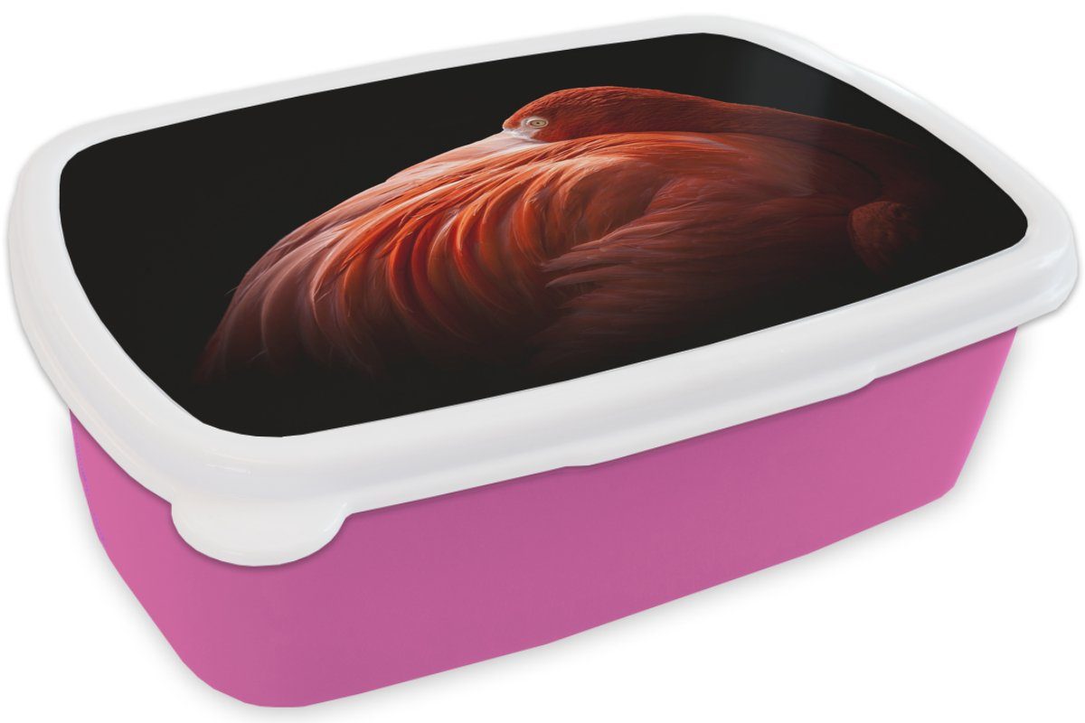 MuchoWow Lunchbox Brotdose Brotbox (2-tlg), Federn Rosa, Kinder, Flamingo Erwachsene, - für Kunststoff, Mädchen, Snackbox, - Kunststoff