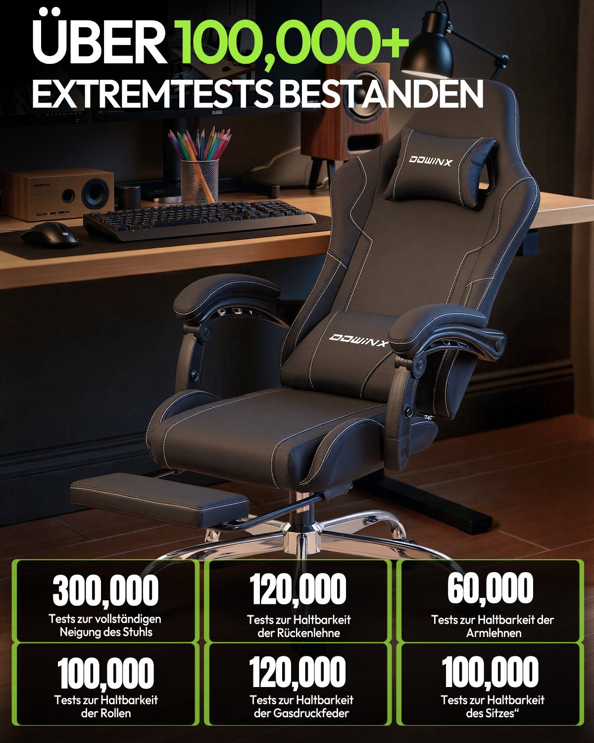 Dowinx Gaming-Stuhl Bürostuhl Massage Sessel mit höhenverstellbaren Linkage-Armlehnen (Packung), ergonomischer Gamer Stuhl mit Fußstütze, Gaming Chair bis 180 k – Bild 5 von 5