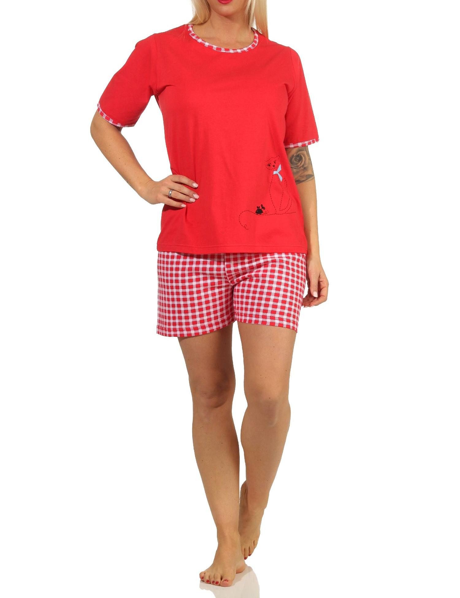Normann Pyjama Damen Shorty Schlafanzug kurzarm mit süßem Katzen-Motiv - 66334