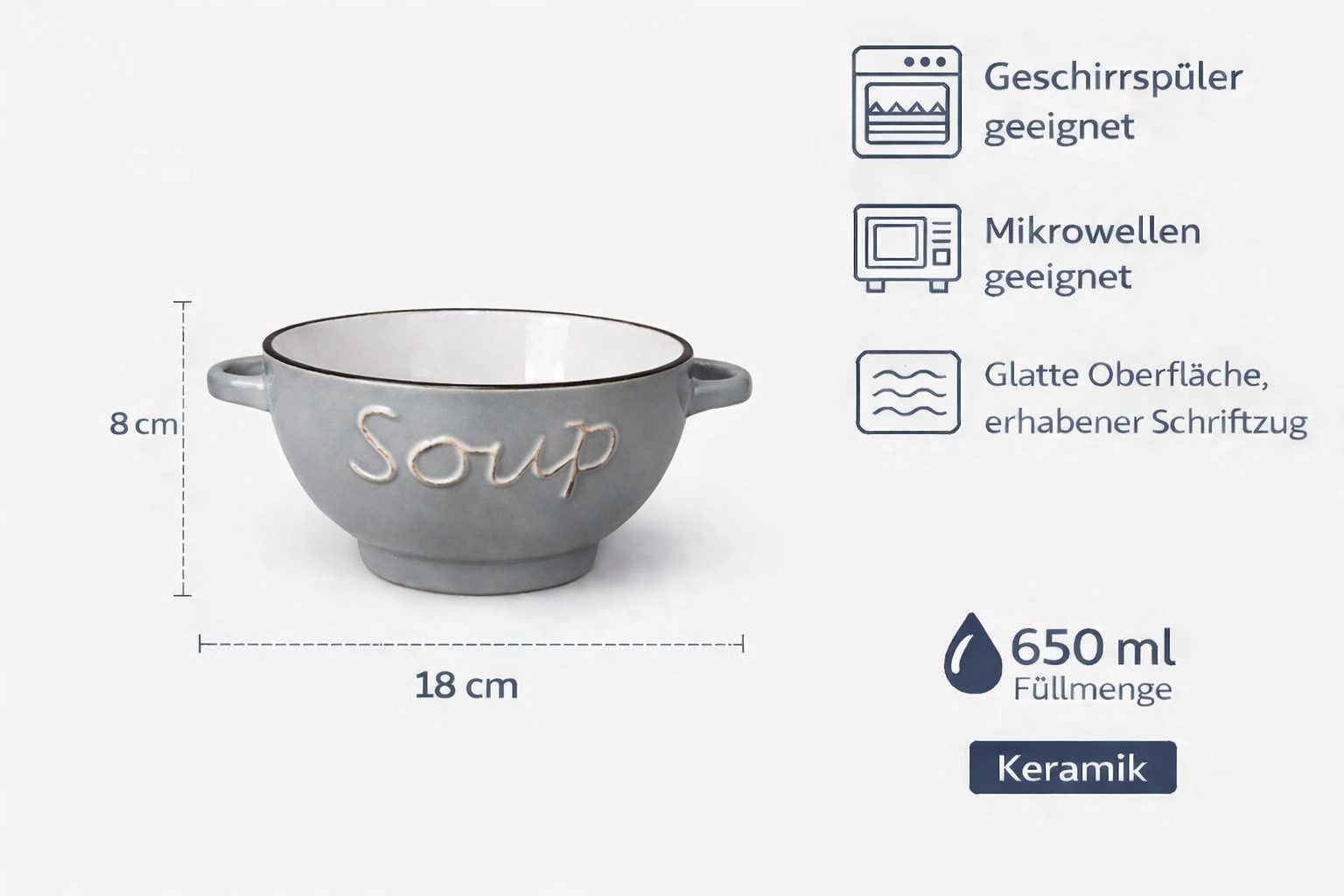 WestCraft Suppenschale Landhaus Suppenschüssel mit Griff Schüssel für heisse Suppen 650 ml, Keramik, (1-tlg), auch für Nudeln, Reis, Desserts, Salate, Suppen, H – Bild 3 von 5