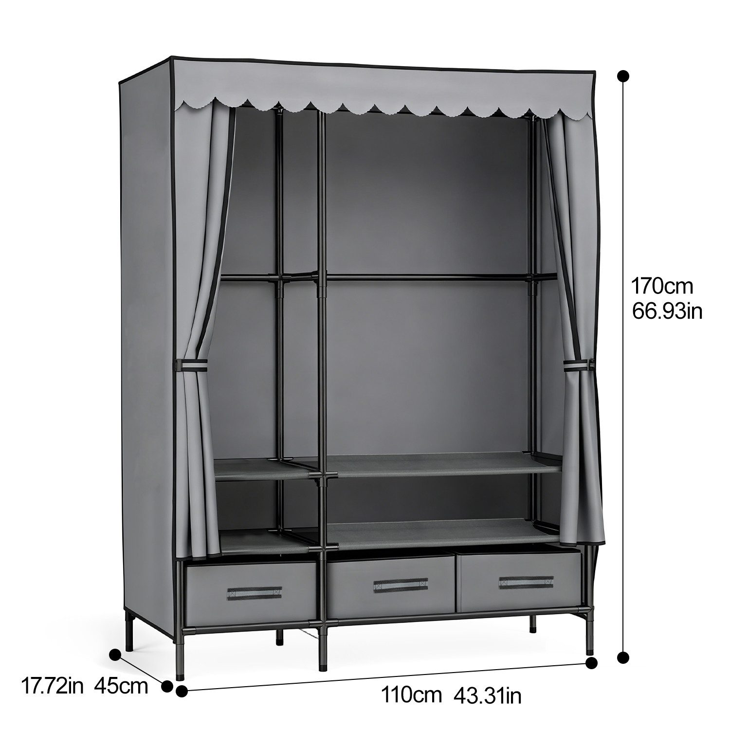 kehot Stoffschrank Faltbarer Stoffschrank 110x170x45 cm – Stabiler Kleiderschrank in Grau (Metallrahmen aus Verzinktem Stahlrohr mit 19 mm Durchmesser, 1-St., Atmungsaktive Vliesstoff-Hülle mit Staub- und Sichtschutz) Schnelle Montage, Platzsparend für Schlafzimmer oder Abstellraum