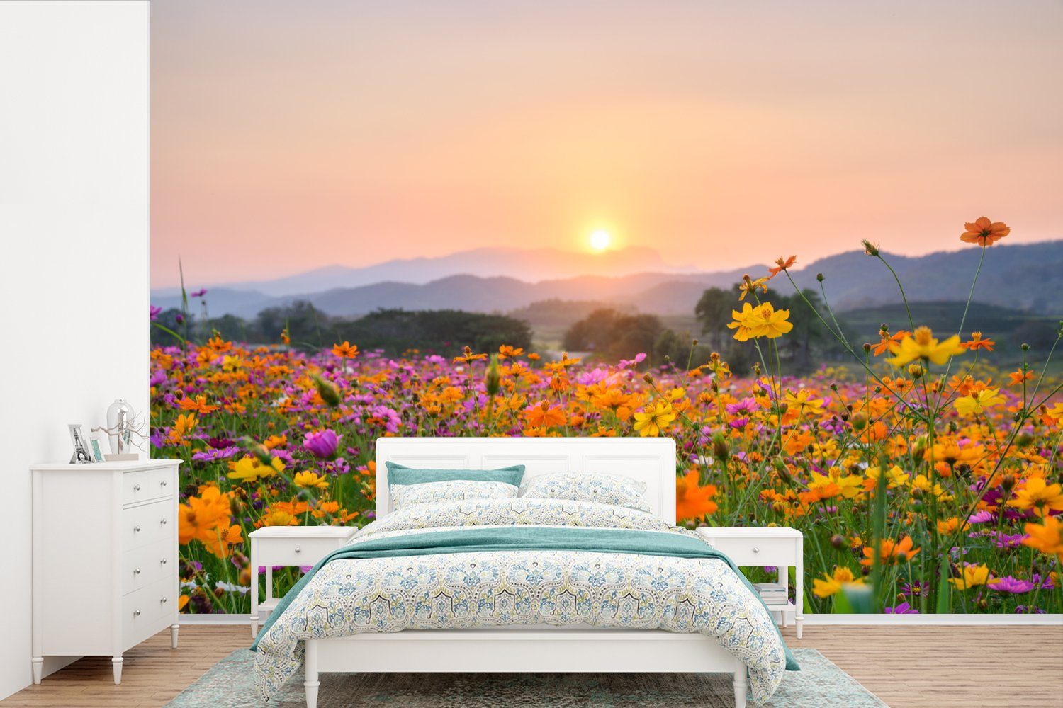 MuchoWow Fototapete Blumen - Sonnenuntergang - Berg, Matt, bedruckt, (6 St), Wallpaper für Wohnzimmer, Schlafzimmer, Kinderzimmer, Vinyl Tapete | Fototapeten