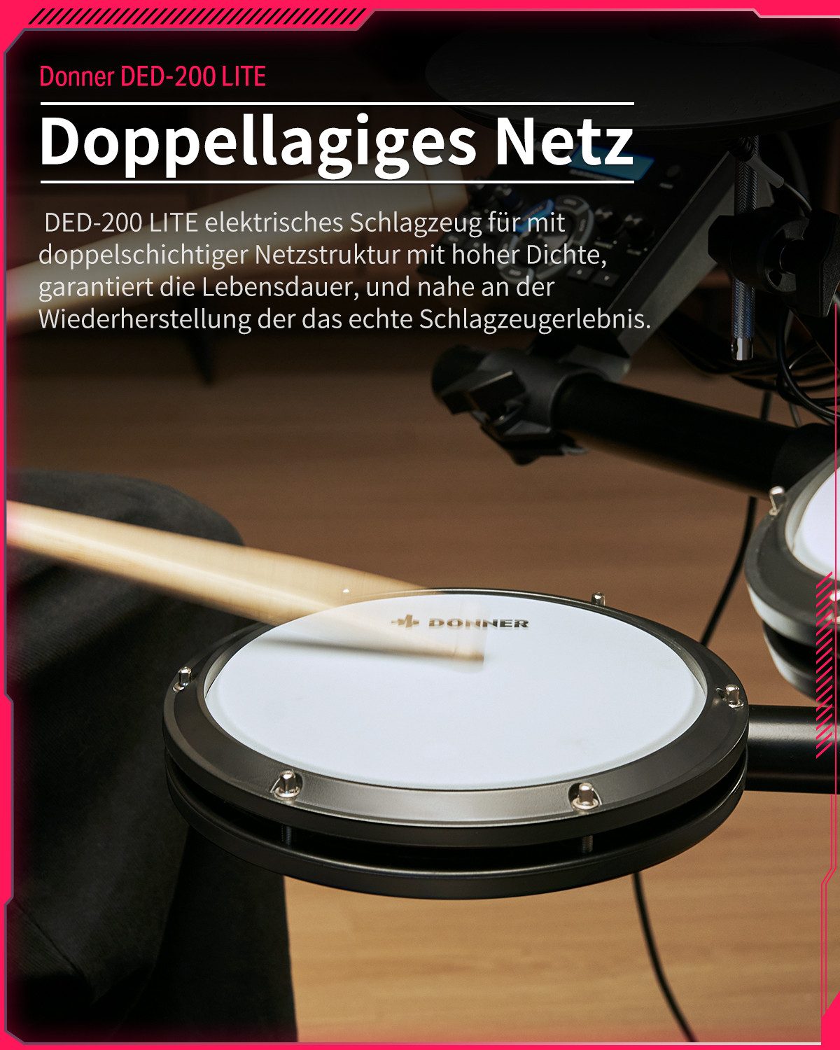 Donner E-Drum E-Schlagzeug 450 Sounds mit Thron Pedale Kopfhörer DED-200 Lite,Set, für Anfänger Faltbar und tragbar
