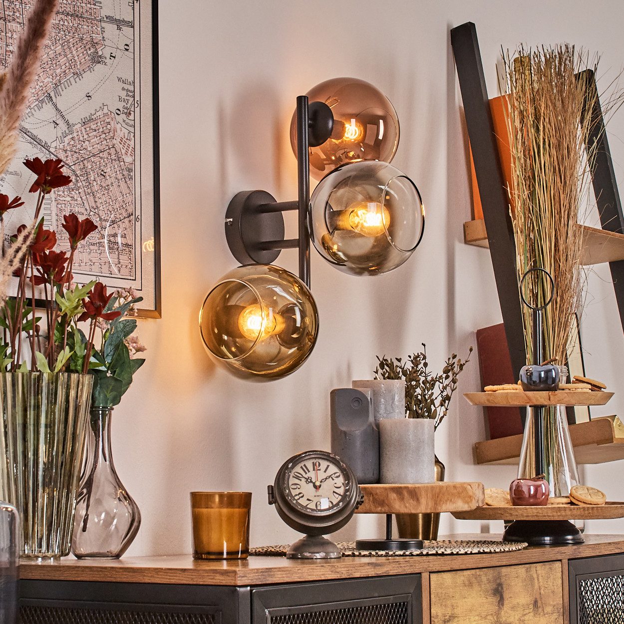 hofstein Wandleuchte Wandlampe aus Metall/Glas in Schwarz/Chrom/Rauch/Kupfer/Gold/Klar, moderne Leuchte im Retro/Vintage-Design (Schirme Ø 15 cm), E14