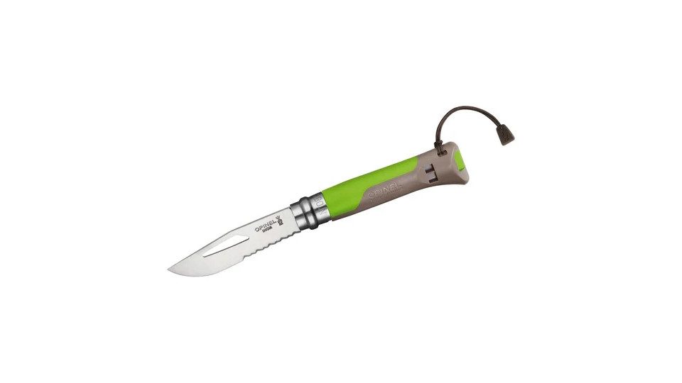 Opinel Taschenmesser Opinel Einhandmesser Outdoor 08, Teilwellenschliff, Signalpfeife, grün, (1 St), Signalpfeife, Teilwellenschliff