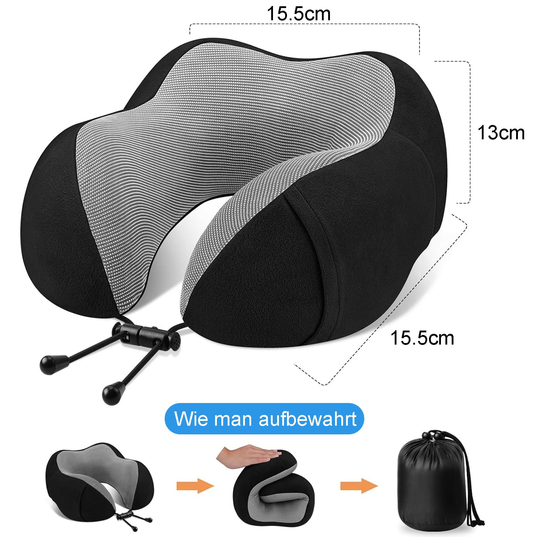 Mutig Reisekissen Nackenkissen Flugzeug, Nackenhörnchen Erwachsene, Reisekissen Memory Foam, Verstellbares Kompaktes Nackenkissen Reise, Ergonomisches Weich Atmungsaktiv, mit Ohrstöpseln, Augenmaske,Tragetasche