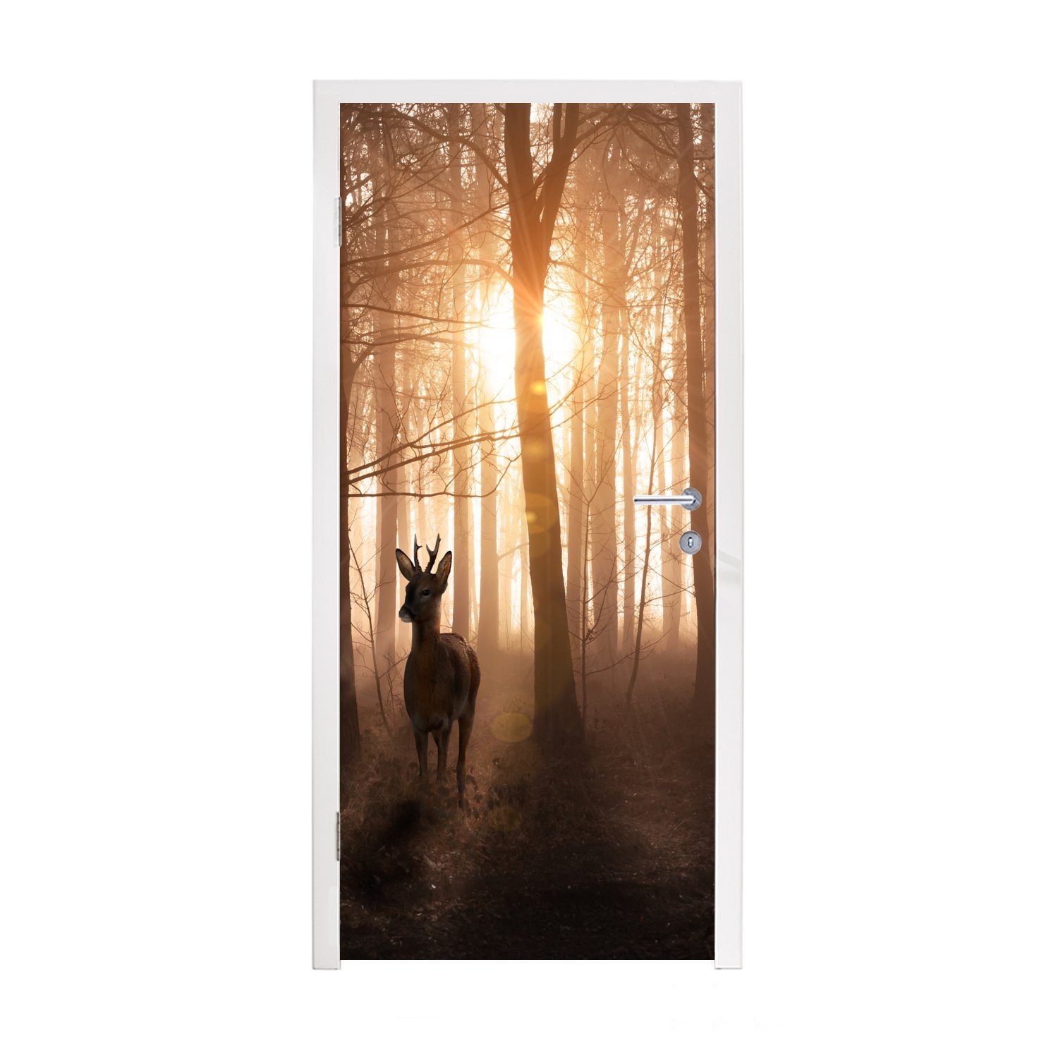 Winter Türaufkleber, - bedruckt, 75x205 St), Natur Wald Fototapete - Tiere, MuchoWow Bäume - (1 Hirsche - cm Sonne - Matt, Türtapete - Tür, für