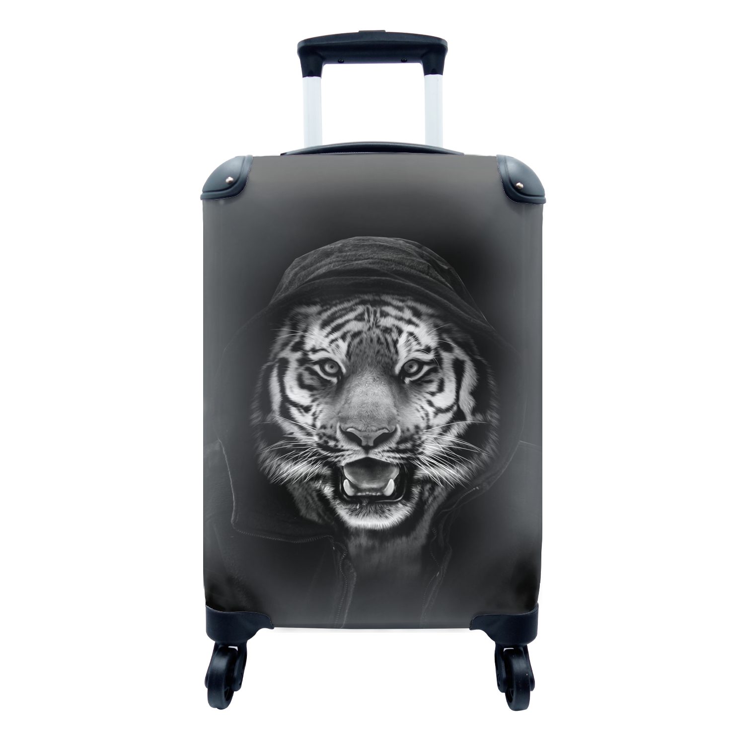 MuchoWow Handgepäckkoffer Ein Tiger mit Kapuze vor schwarzem Hintergrund - schwarz und weiß, 4 Rollen, Reisetasche mit rollen, Handgepäck für Ferien, Trolley, Reisekoffer