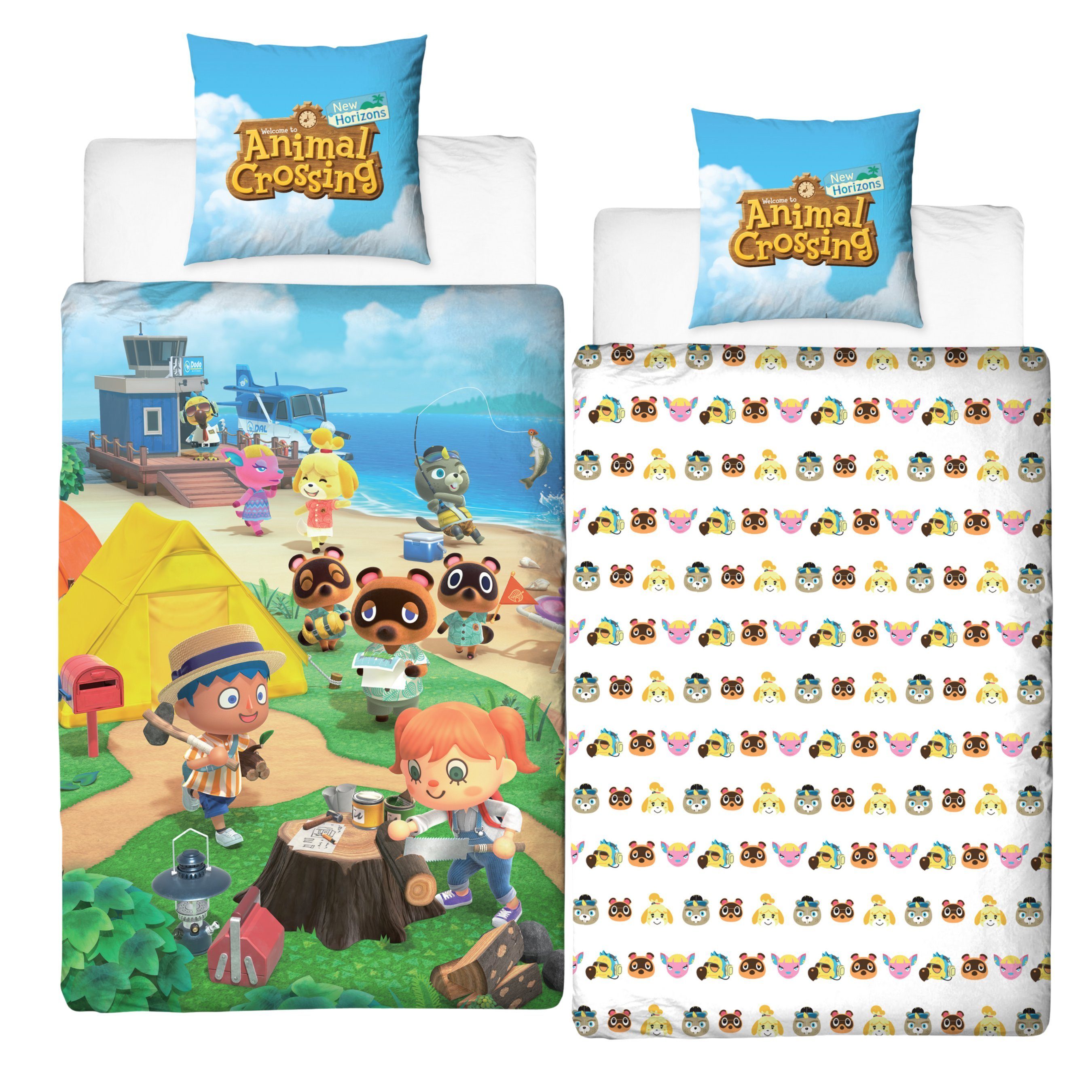 Bettwäsche Animal Crossing 135x200 + 80x80 cm, 100 % Baumwolle, MTOnlinehandel, Renforcé, 2 teilig, offiziell lizenzierte Nintendo Bettwäsche für Kinder und Erwachsene