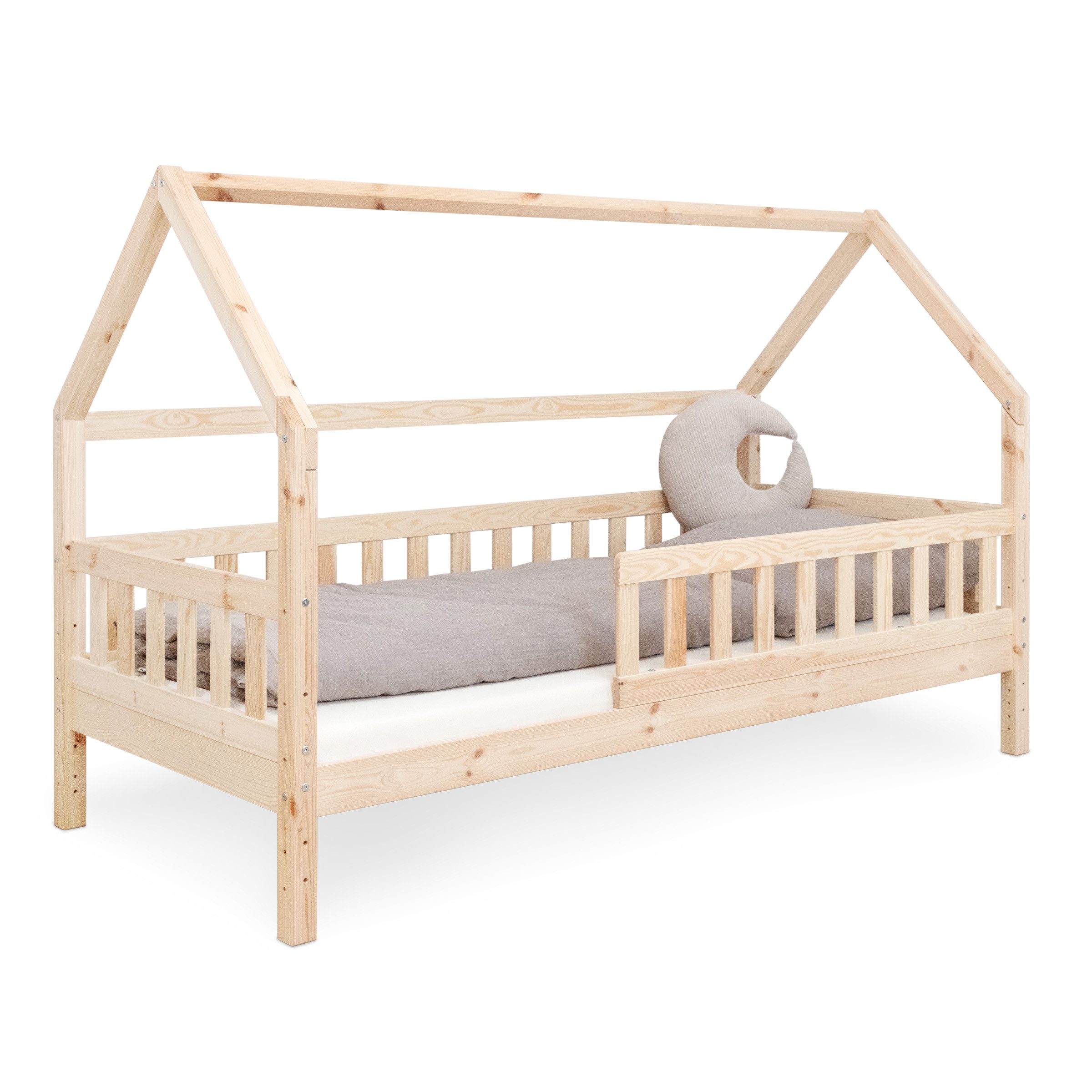 Ehrenkind Hausbett Lille aus massivem Kiefernholz (mit abnehmbarem Rausfallschutz aus massivem Holz, Erhältlich in Natur und Weiß Kinderbett 80x160/90x200 cm), höhenverstellbar, nachhaltiges Kiefernholz, hergestellt in Europa