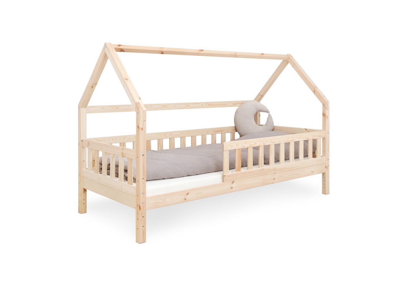 Ehrenkind Hausbett Lille aus massivem Kiefernholz inkl. Rausfallschutz und Rollrost (80 x 160 cm, Hausbett mit optionalem Stauraum), 2 in 1 Aufbau bodentief oder Standardhöhe