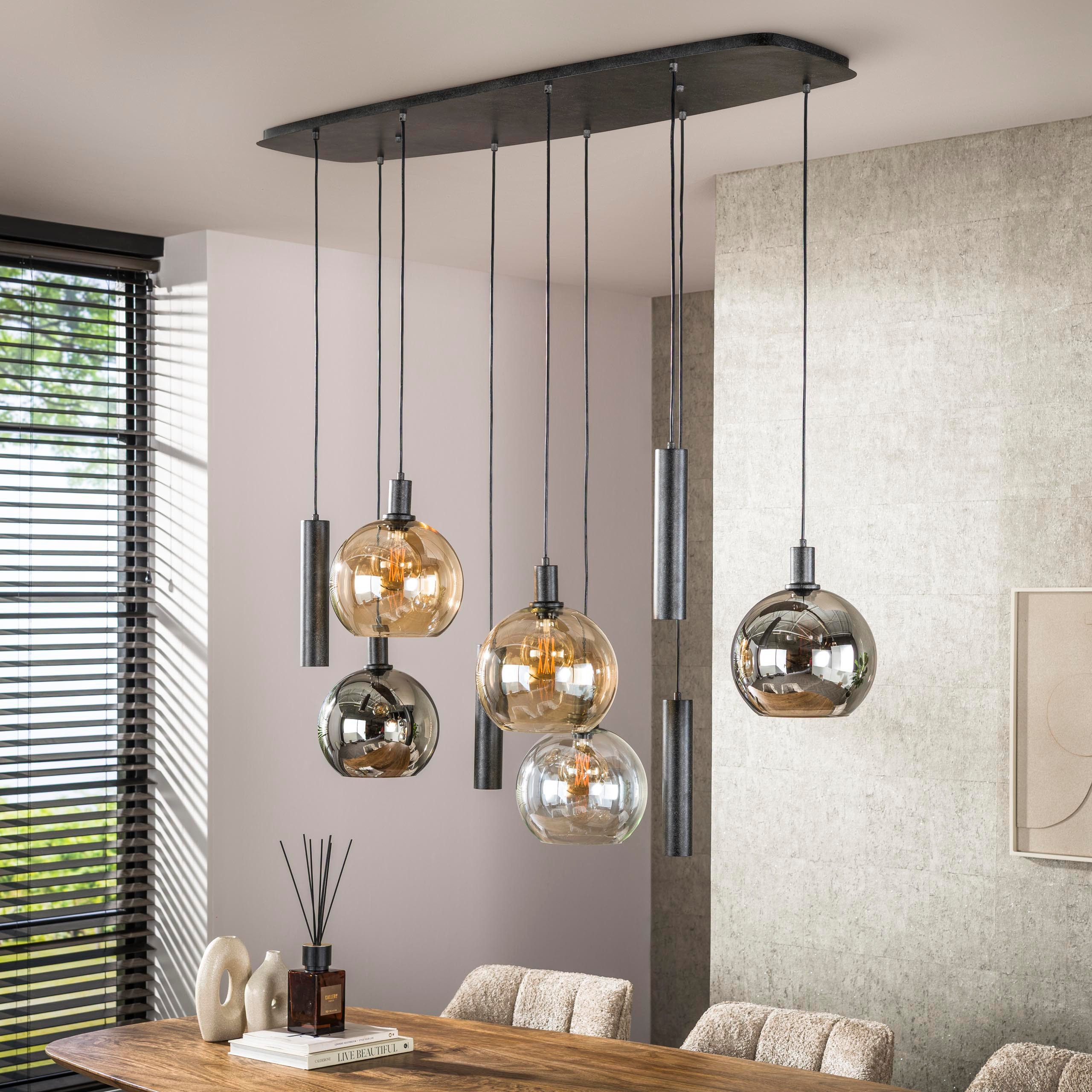 leven! Annekathrin Storkebaum Pendelleuchte Moderne Hängelampe schwarz 9-flammig Glas und Metall Esszimmerlampe, kugelförmigen Glasschirmen in Chrom, Bernstein und Transparent