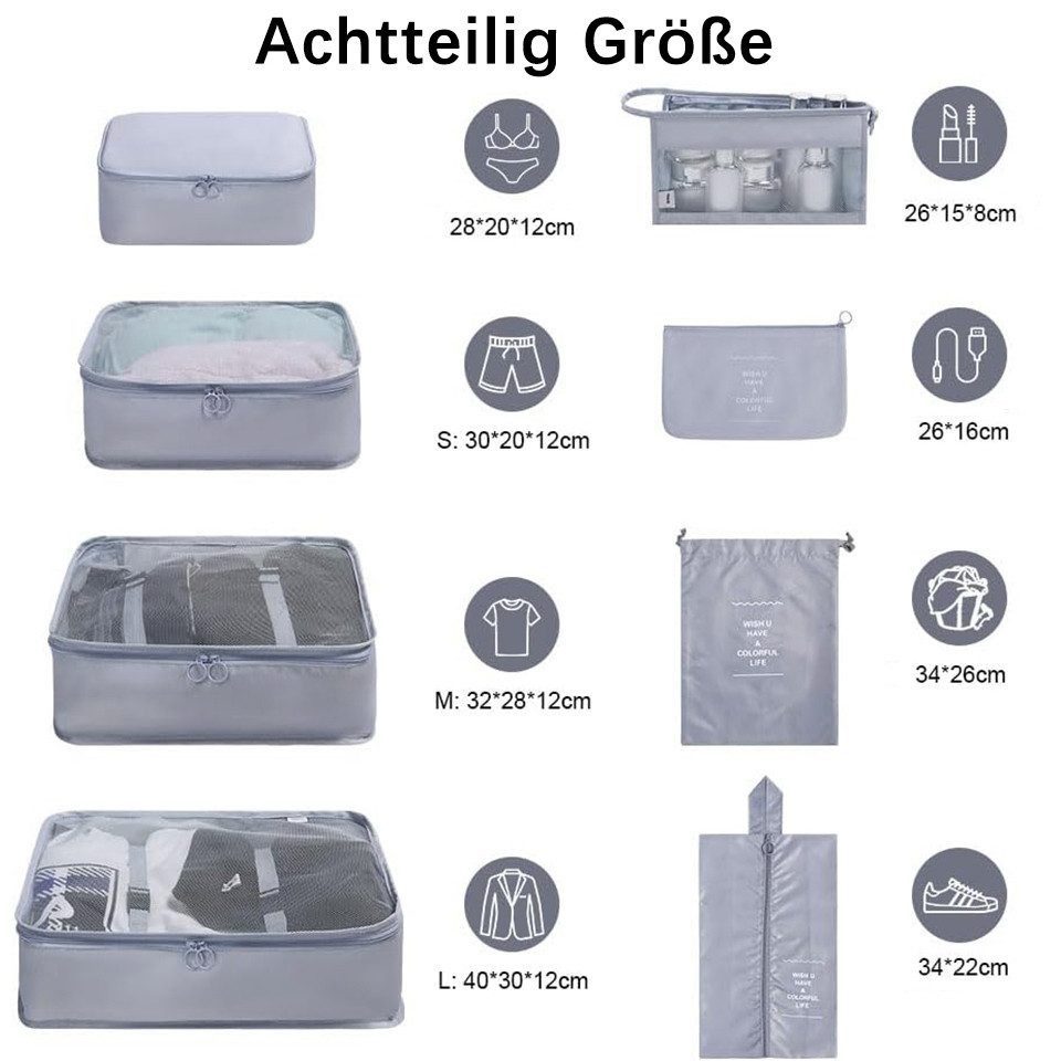 Diwzbyn Kofferorganizer 8 Teilige Packing Cubes Kleidertaschen Koffer Organizer (8-tlg)