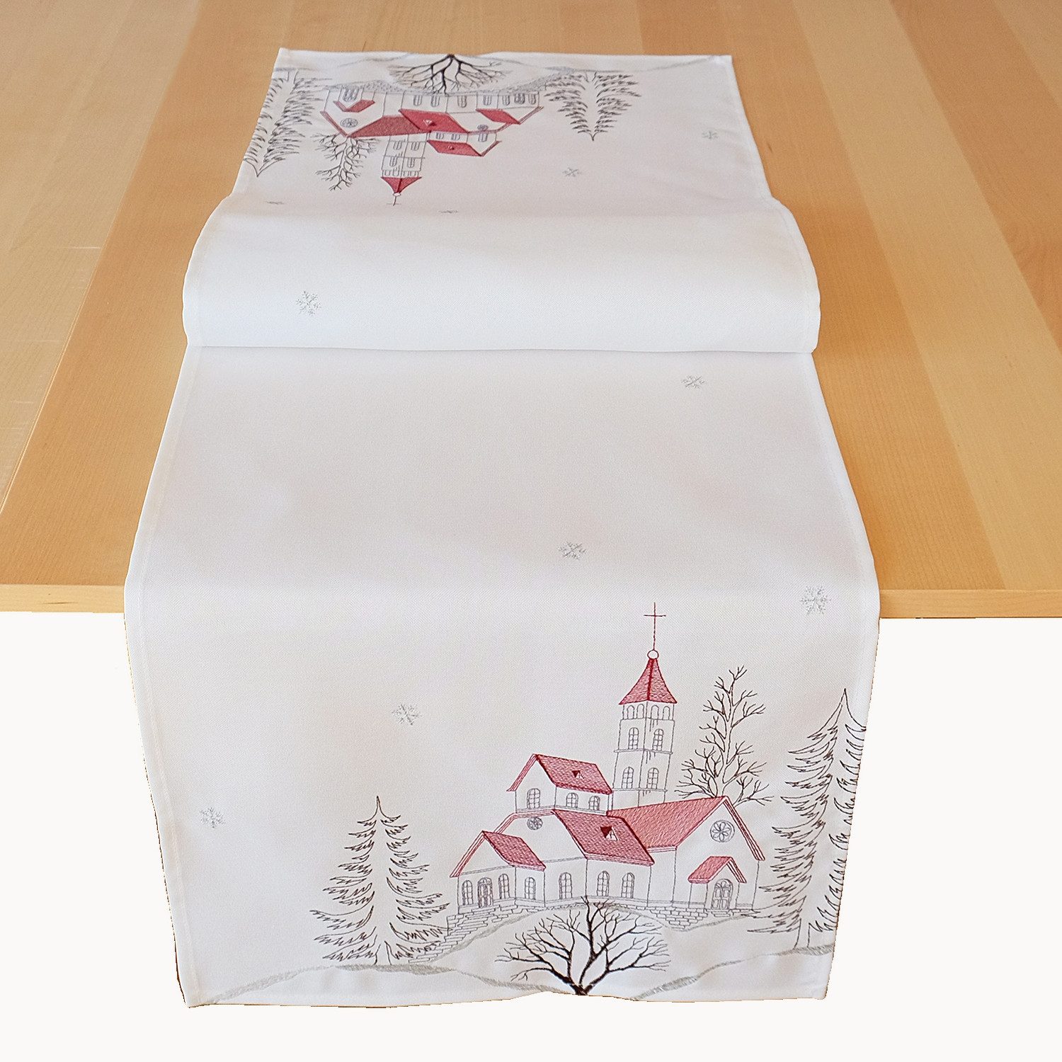 Tischdecke Tischläufer Druckmotiv Kirche Winter Weihnachten