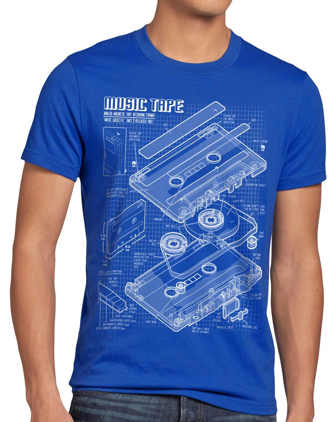 T-Shirt blau Kassette musik turntable analog Print-Shirt DJ TAPE Herren disco disko retro style3 MC ndw