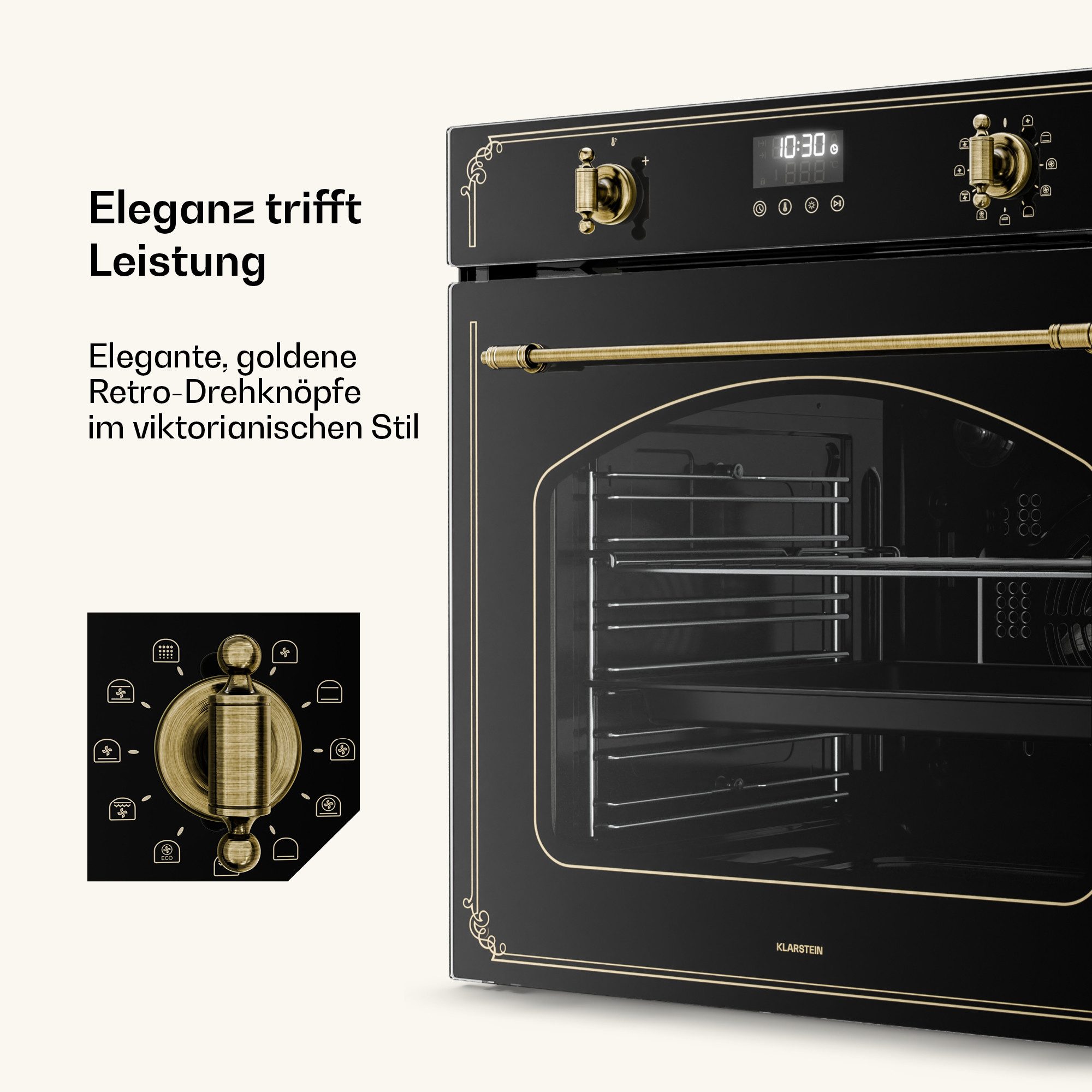 Klarstein Backofen Victoria Pyro-Backofen 76L 60cm 3150W 11 Funktionen Pyrolyse Retro A Victoria, Pyrolyse-Backofen 76L Retro mit Drehregler & 11 Modi – Bild 5 von 5