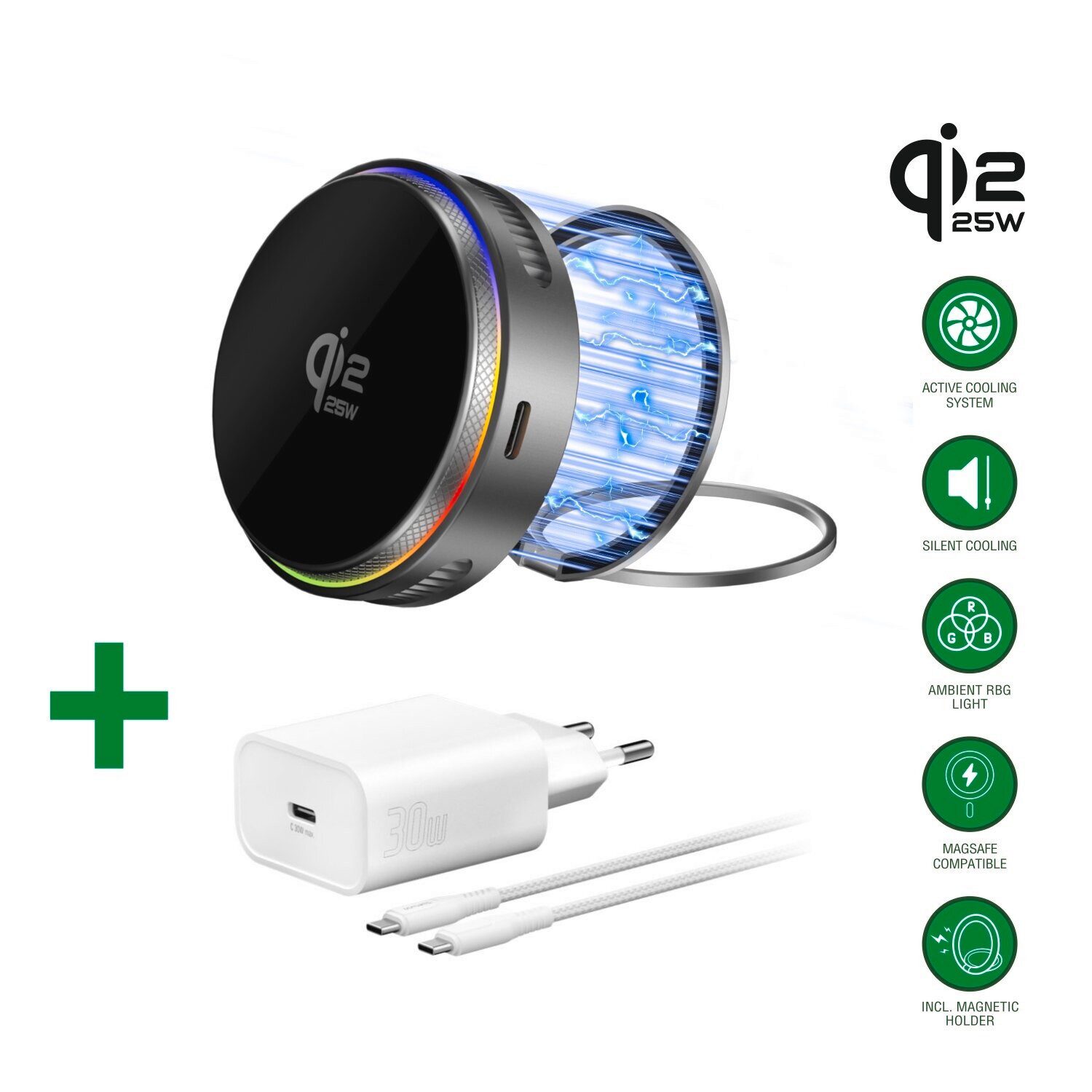 4smarts Qi2 25W / MagSafe Ladegerät-Set Wireless Charger (Set, Induktions-Ladegerät Universelle Kompatibilität Qi-Kompatibilität, RGB-Ambientebeleuchtung: Stilvolle LED-Beleuchtung)