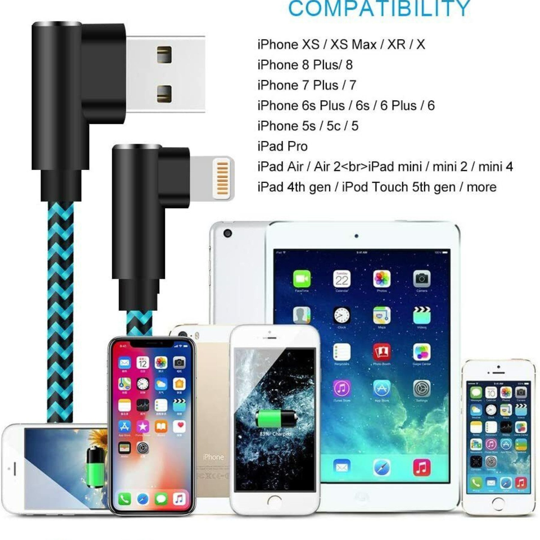 Alpha Electronics LED 90 Grad Winkel Ladekabel Nylon geflochten USB-Kabel, Lightning, Standard-USB (100 cm), Winkelstecker