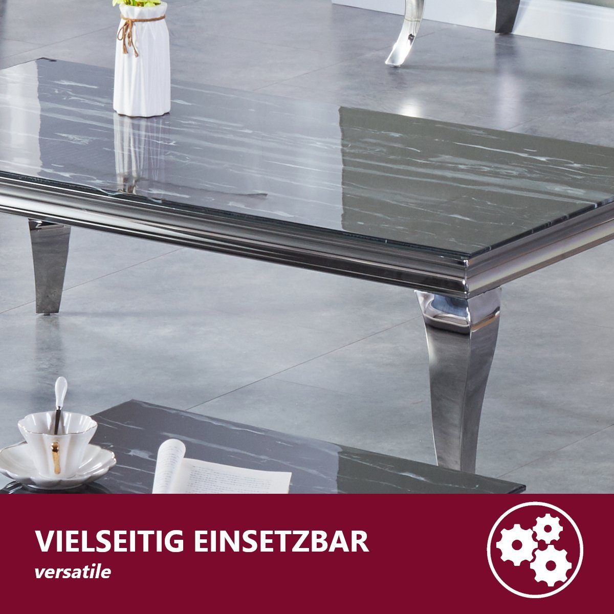 - Tischplatte rechteckig 100x60x0,6 schwarz, cm Glasplatte HOOZ mit Marmoroptik Facettenschliff