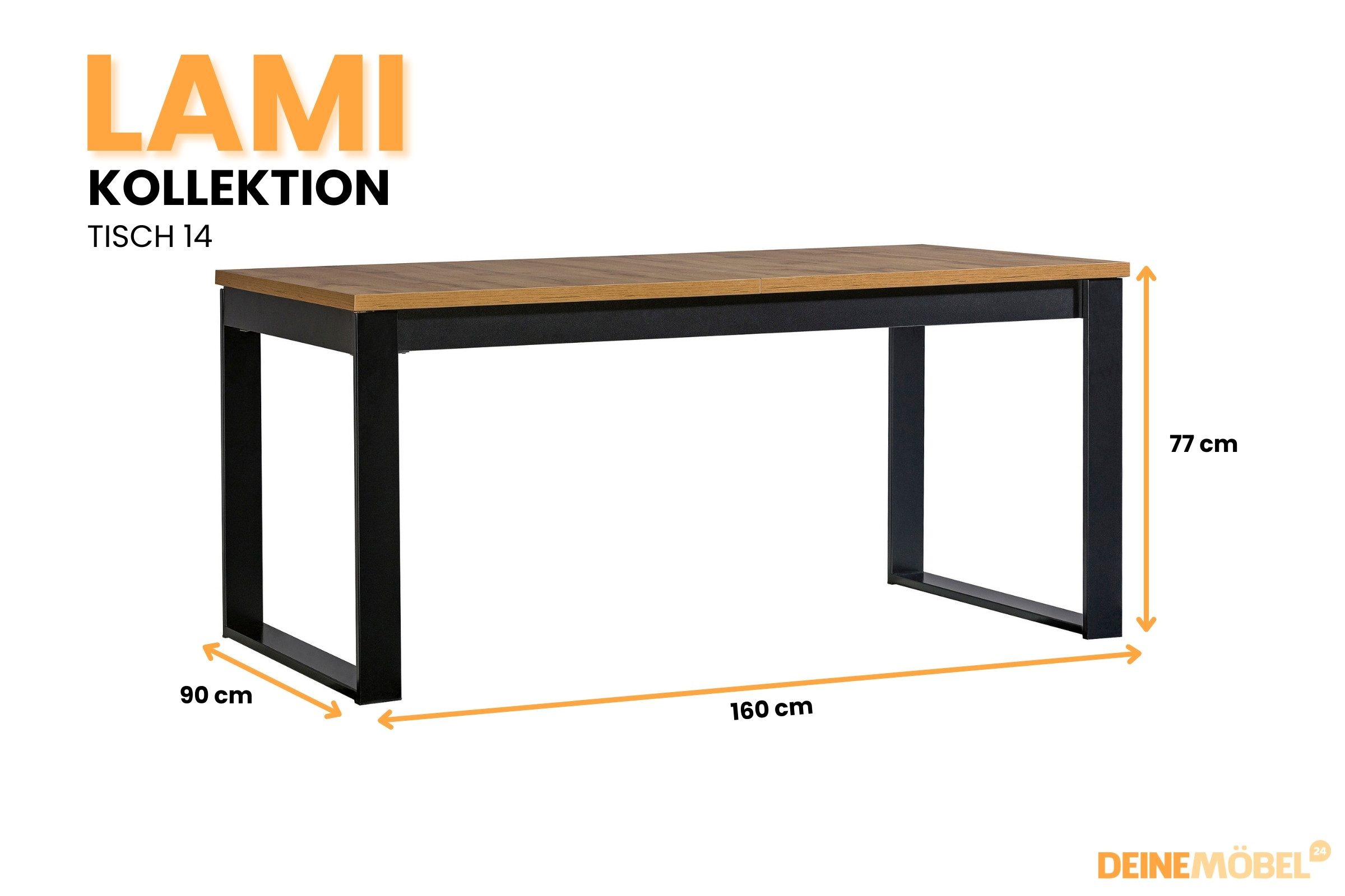 Deine Möbel 24 Esstisch LAMI 14 Ausziehbarer Esstisch 160–240 cm mit Metallgestell (Vielseitig einsetzbar: Esszimmer, Wohnküche, Loft, 1-St., LAMI - Kollektion), in Wotan Eiche mit Metallgestell in Schwarz Matt