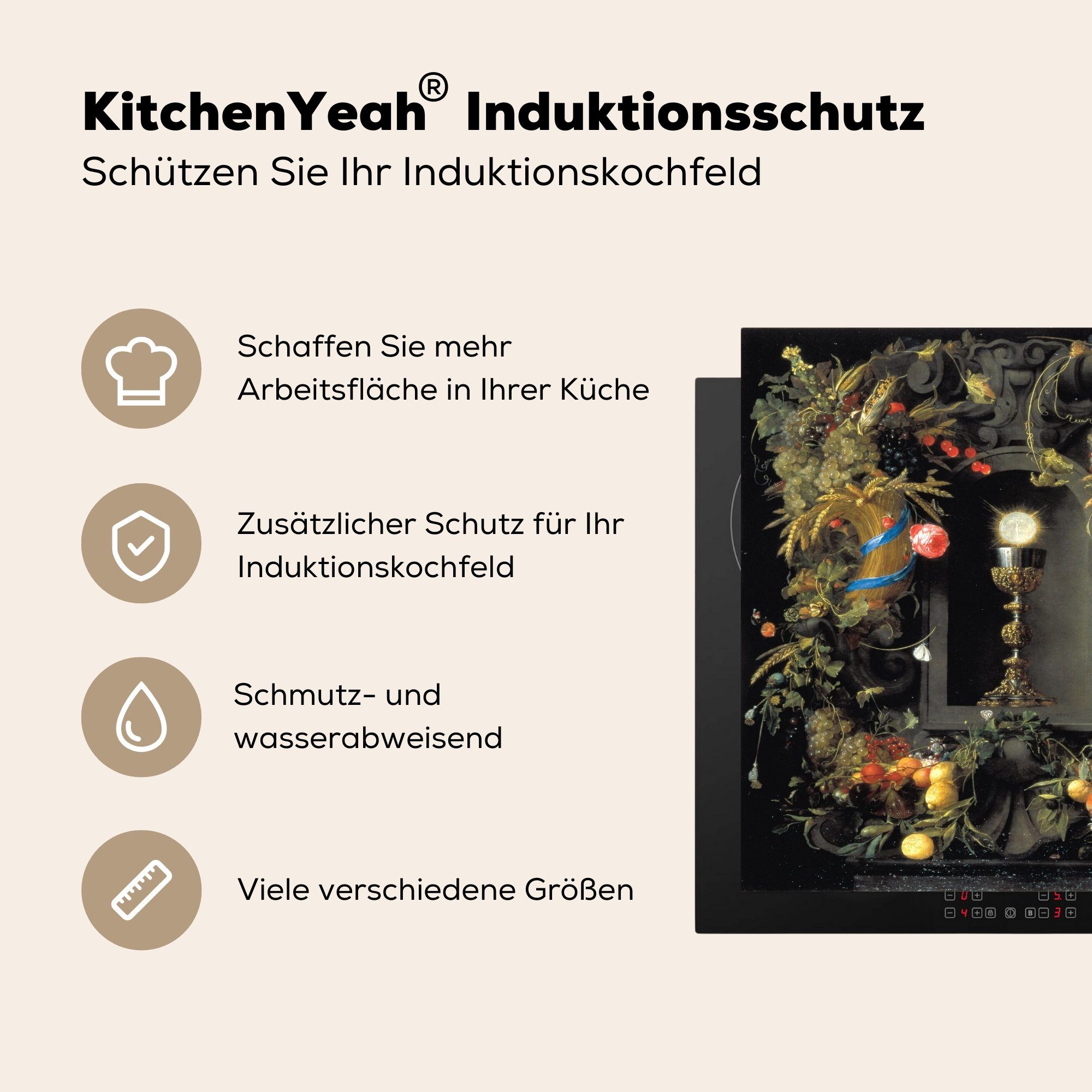 Jan Davidsz Vinyl, tlg), Gemälde küche de Herdblende-/Abdeckplatte Wort (1 - Ceranfeldabdeckung, auf cm, Heem, Weihnachten 78x78 Feuer von Arbeitsplatte MuchoWow für