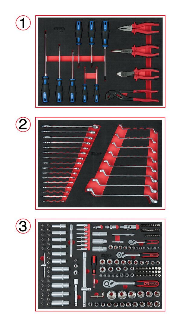 KS Tools Werkzeugwagen, (215-tlg), Universal-Systemeinlagen-Satz f. 3 Schubladen m. 215 Premium