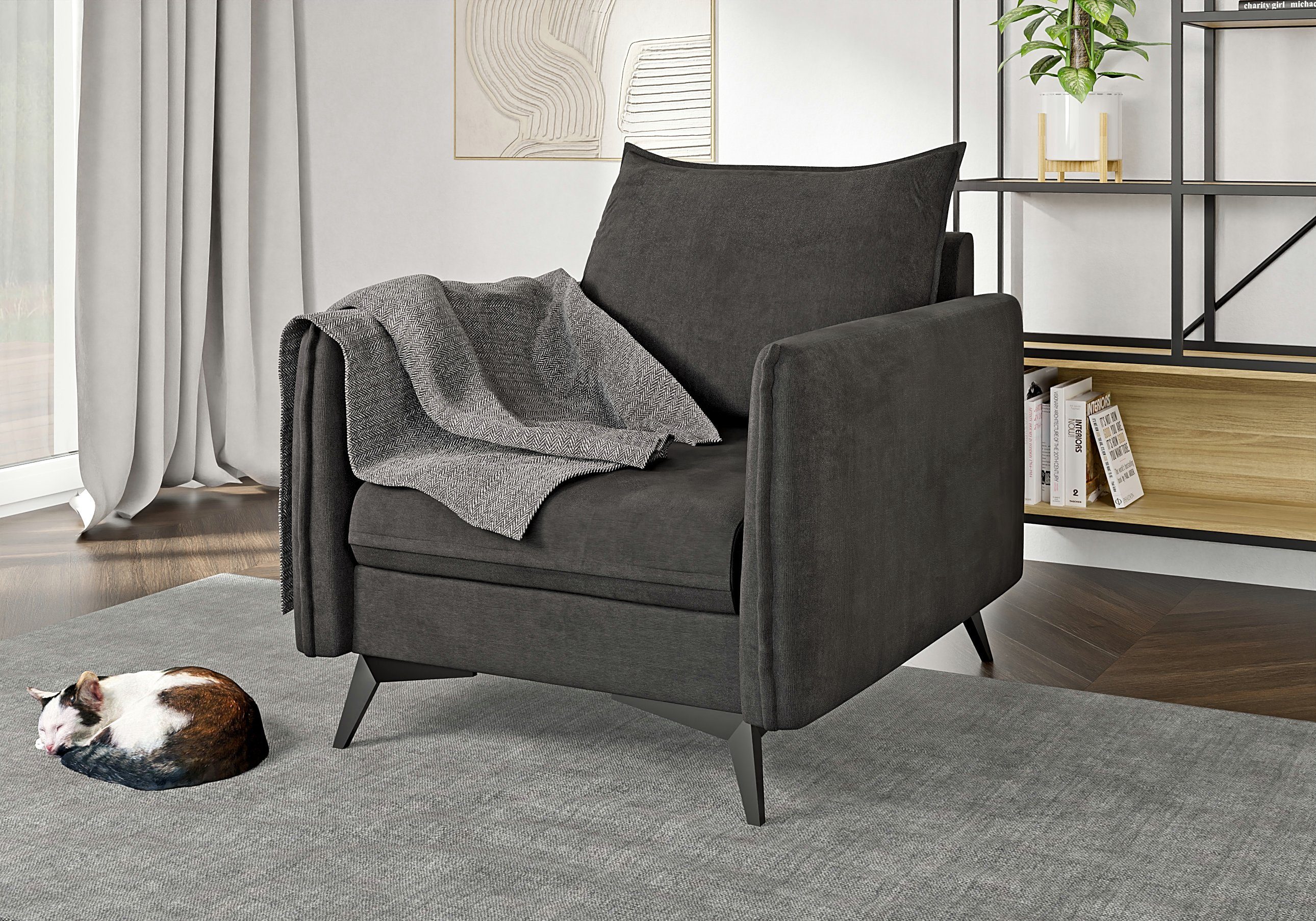 3-Sitzer-Sofa, 2-Sitzer-Sofa, S-Style Graphit Azalea Schwarz Modernes mit 1x Sessel), (1x Metall Polstergarnitur Füßen, Wellenfederung 1x mit 3+2+1 Möbel