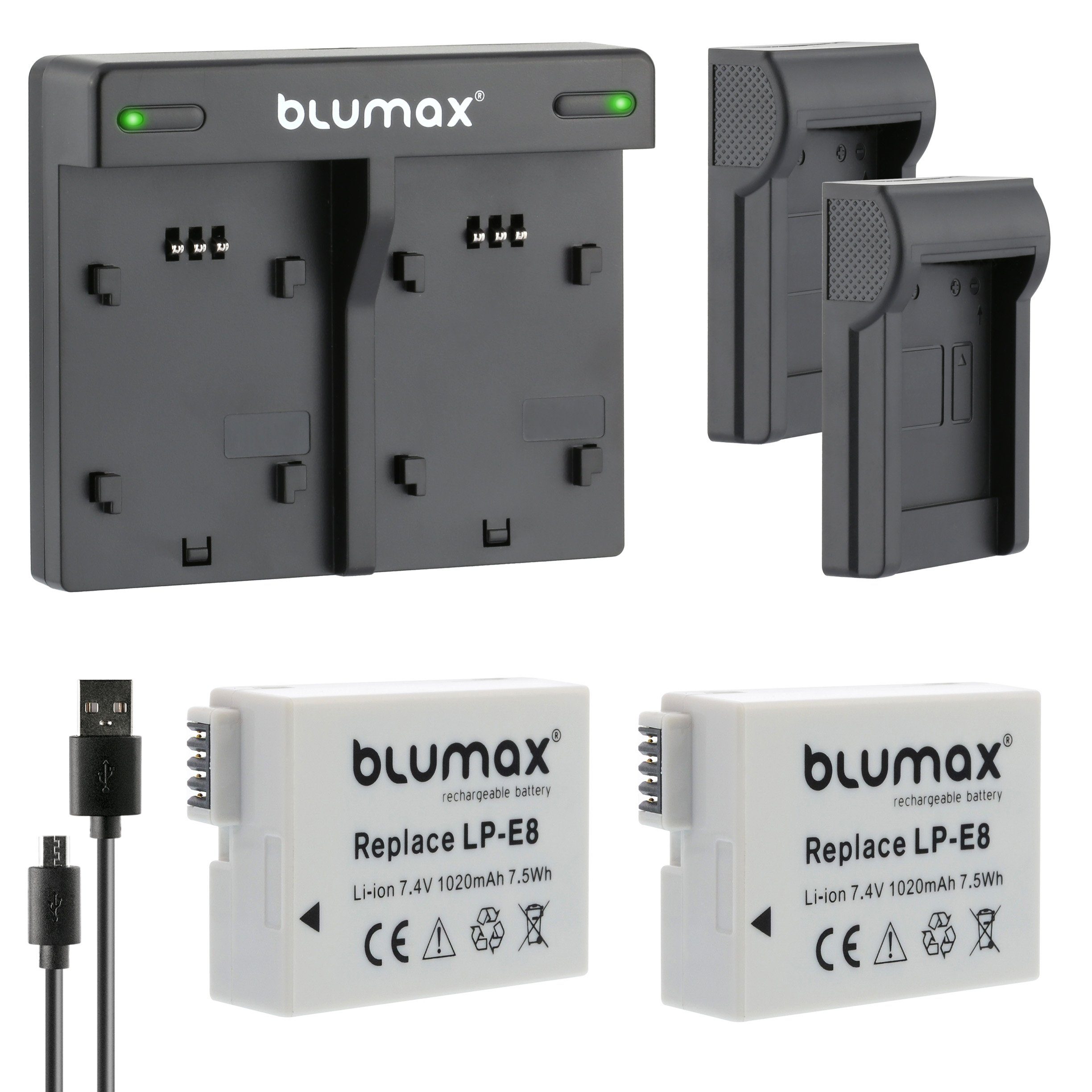 Blumax Set mit Lader für 1020 Canon LP-E8 mAh Kamera-Akku 550D EOS