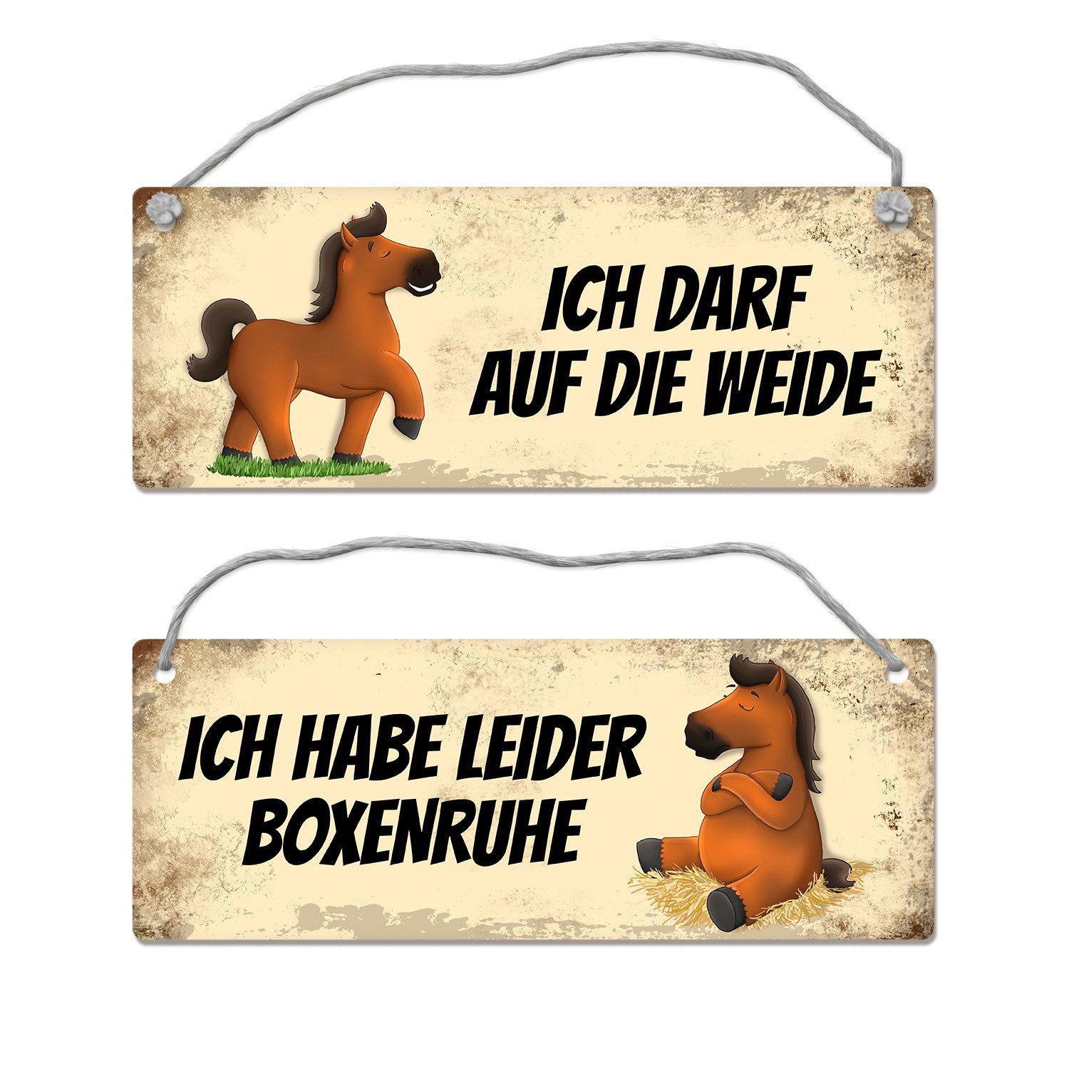 Metallschild Pferd hat Boxenruhe / darf auf die Weide Wendeschild mit Kordel