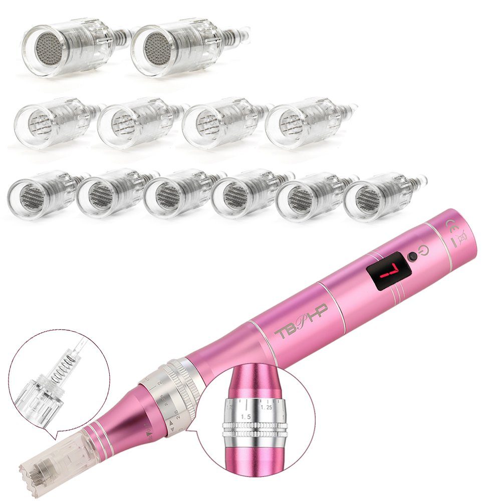 LOVONLIVE Microderm Tool Dermapen Micro Needle Roller Electric Pen Anti Aging Device 0-2,5mm, mit 7 Stufen inkl. 12 Nadelpatrone für Falten Stretch Marks Akne Narbe