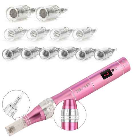 WILGOON Microderm Tool Dermapen Micro Needle Roller Electric Pen Anti Aging Device 0-2,5mm, mit 7 Stufen inkl. 12 Nadelpatrone für Falten Stretch Marks Akne Narbe