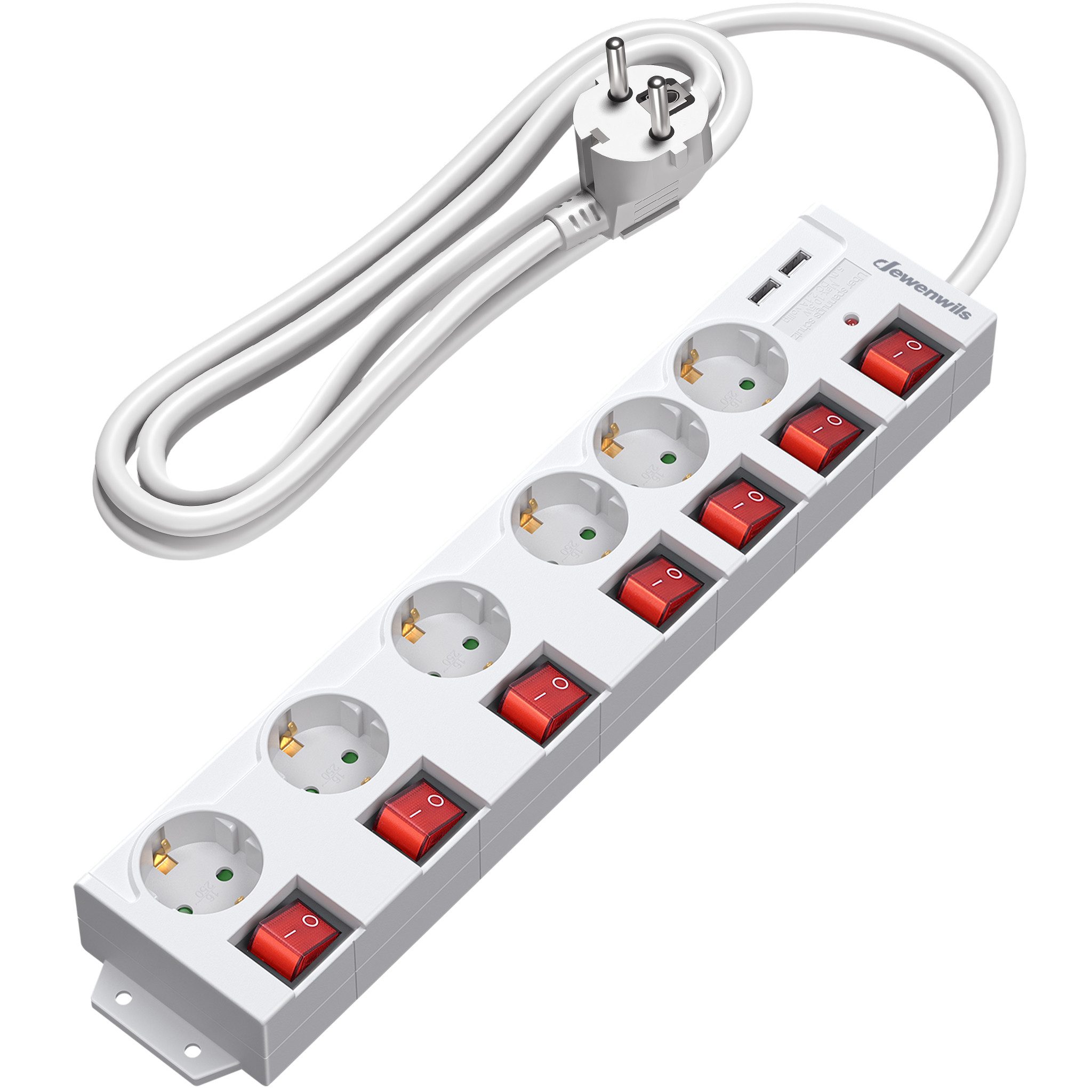 DEWENWILS Steckdosenleiste 6-fach (USB-Anschlüsse, Kindersicherung, Überspannungsschutz, Kabellänge 3 m), Steckdosenleiste einzeln schaltbar mit USB, 90° Gedreht