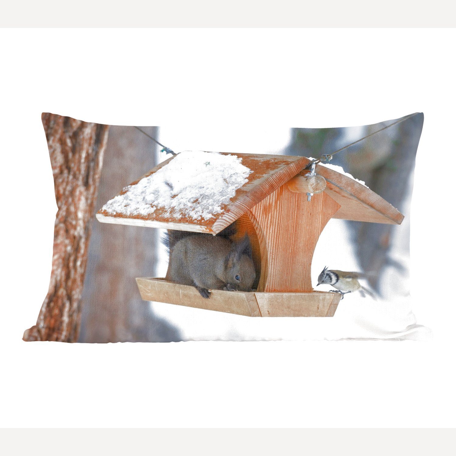 MuchoWow Dekokissen Eichhörnchen - mit Schlafzimmer Schnee, Dekoration, Dekokissen - Zierkissen, Wohzimmer Vogelhaus Füllung