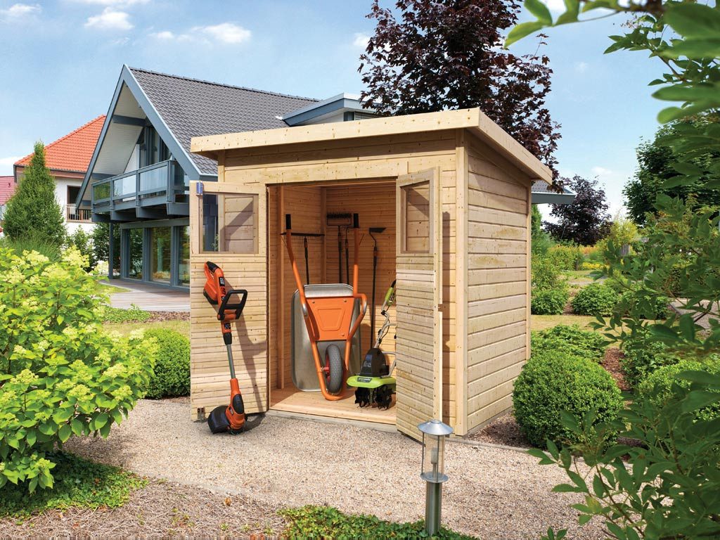 Karibu Gartenhaus Gerätehaus Merseburg 2 14 mm naturbelassen, BxT: 189x142 cm, 14 mm Wandstärke, Doppeltür mit Kunstglas-Einsätzen